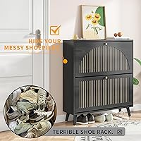Vista 9 de Shoe Storage Cabinet for Entryway with 2 Flip Drawers, Narrow Wood Shoe Cabinet with Fluted Panel, Freestanding Hidden Shoe Organizer for Foyer