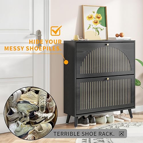 Miniatura 9 de Armario de almacenamiento de zapatos para entrada con 2 cajones abatibles, armario estrecho de madera para zapatos con panel estriado, organizador