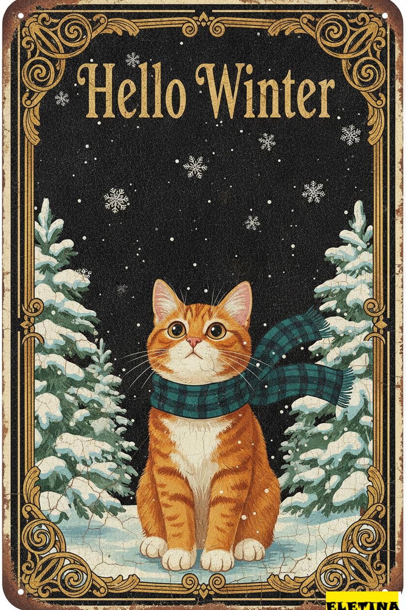 Personalized Sign for Man Cave Hello Winter Cat Metal S Pine Trees Snowflakes Tin S Aluminum Home Farmhouse Office Outdoor Kitchen 8x12in Private Property Decorative