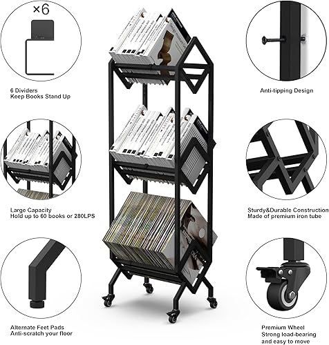 Miniatura 3 de VENNQD Estantería de metal industrial para libros, soporte de 3 niveles con ruedas, diseño moderno y elegante, revistas, archivos, álbum de recetas,