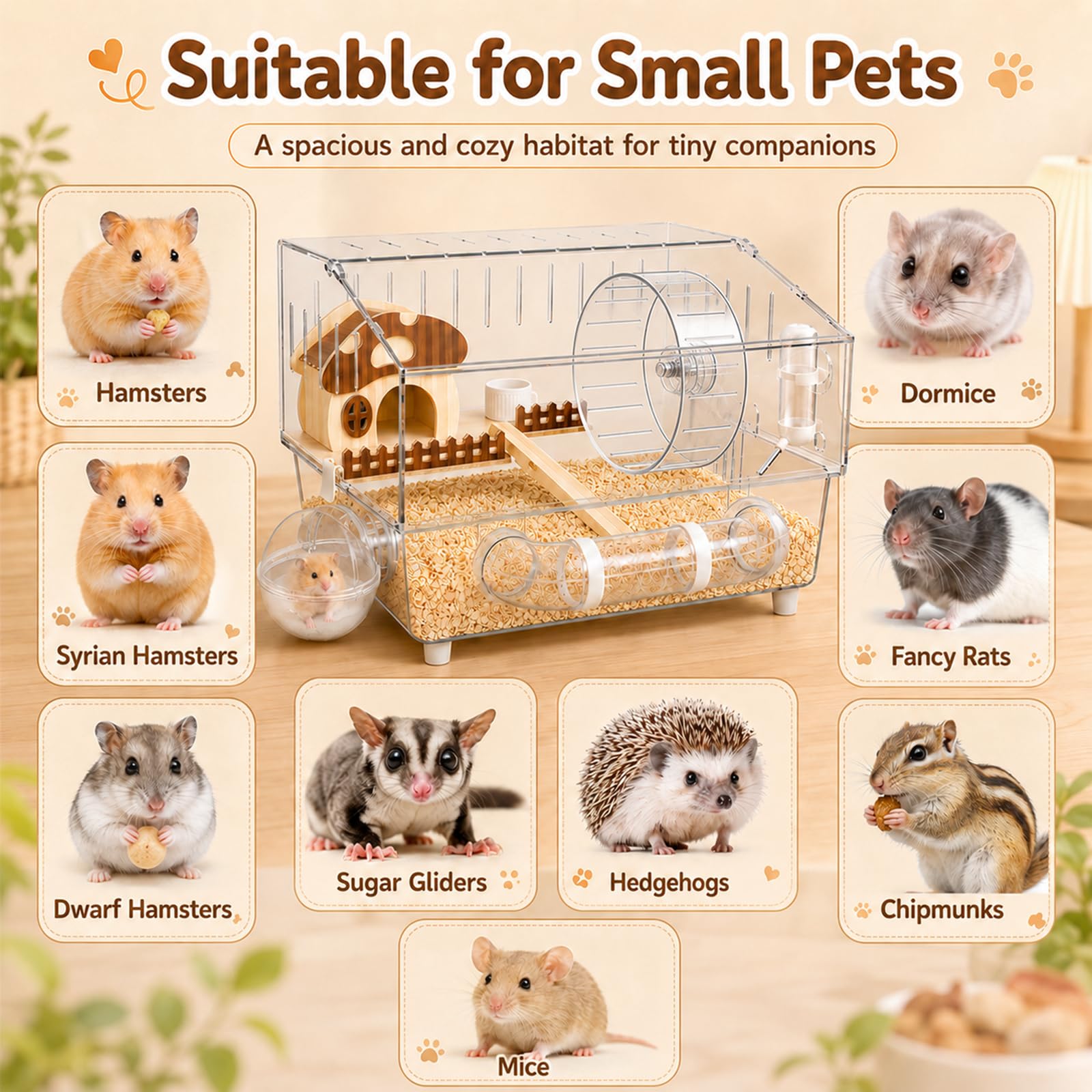 Grande cage à hamster en acrylique avec accessoires, habitat pour hamster à 2 couches avec roue d'exercice, tunnel et plate-forme, cage à souris transparente pour hamsters nains, gerbilles et petits
