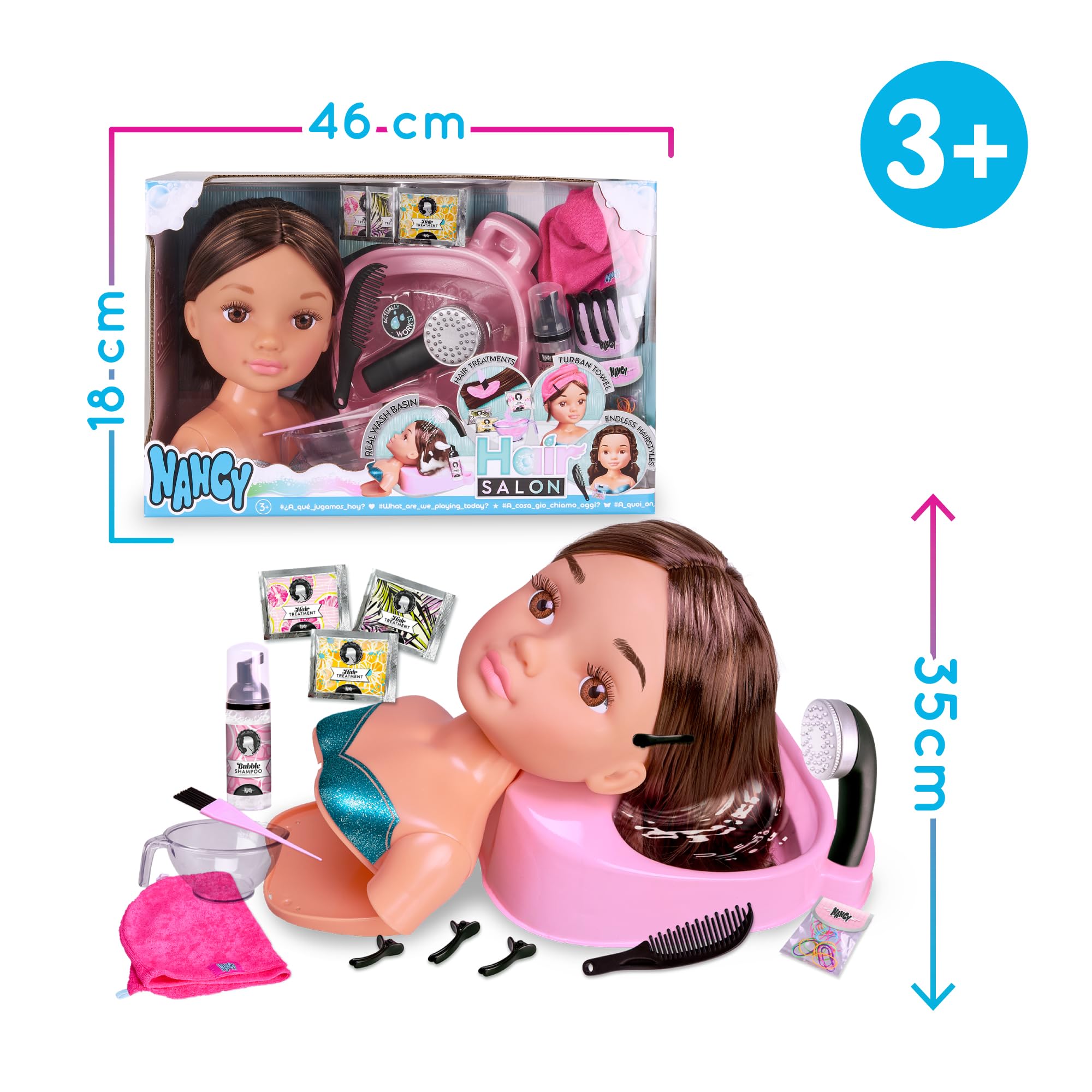 Nancy Hair Salon, Testa capelli castani, lavatesta che funziona per davvero,accessori per poter creare acconciature, per bambine/I da 3 anni, Famosa (NACB2000)