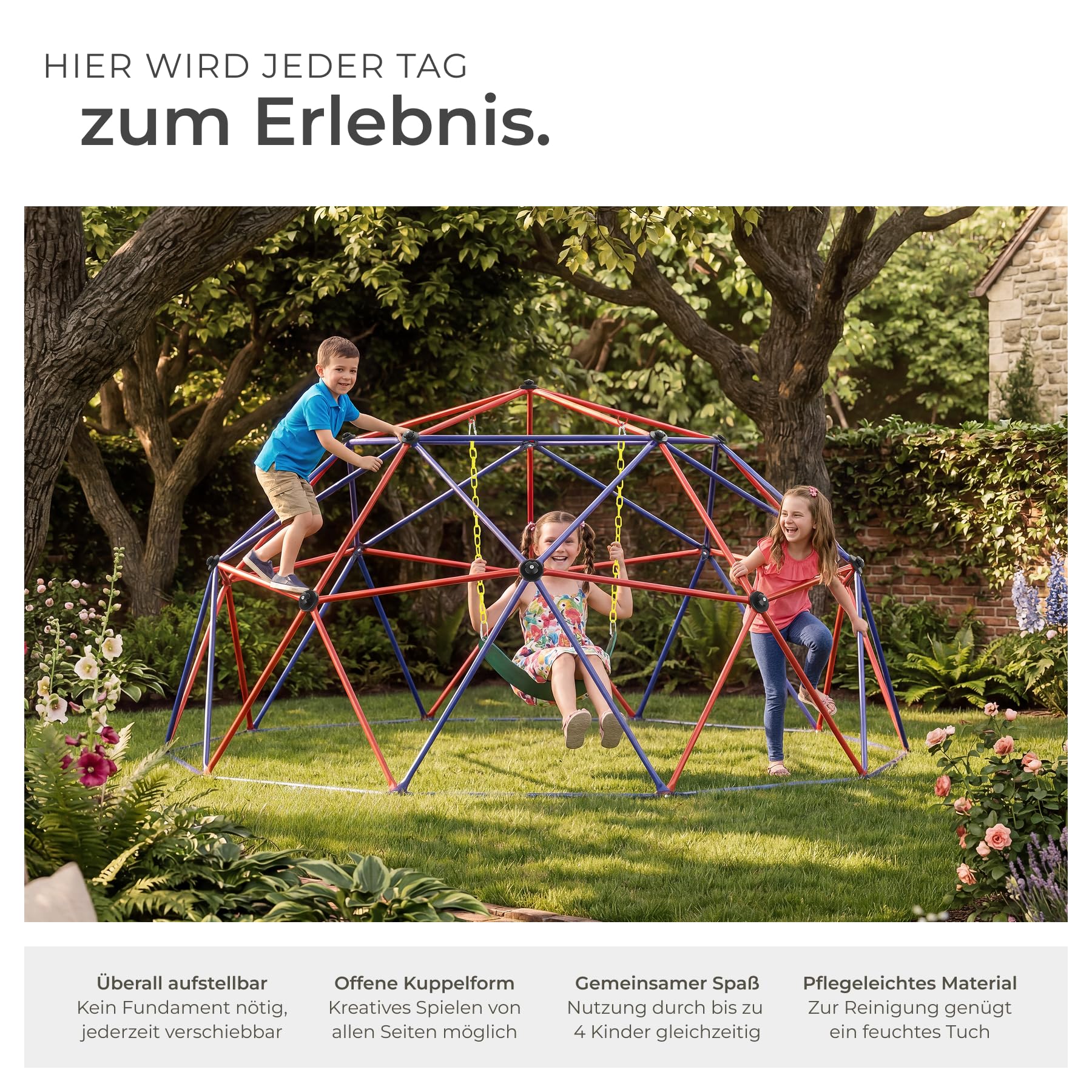 tectake® Klettergerüst mit Schaukel, Ø 305 cm, wetterfest, ab 3 Jahren, bis 200 kg belastbare Kinderspielgeräte, Spielplatz Kletteranlage, Gartenspielturm, Kinderspielplatz Geräte, bunt - mit Schaukel