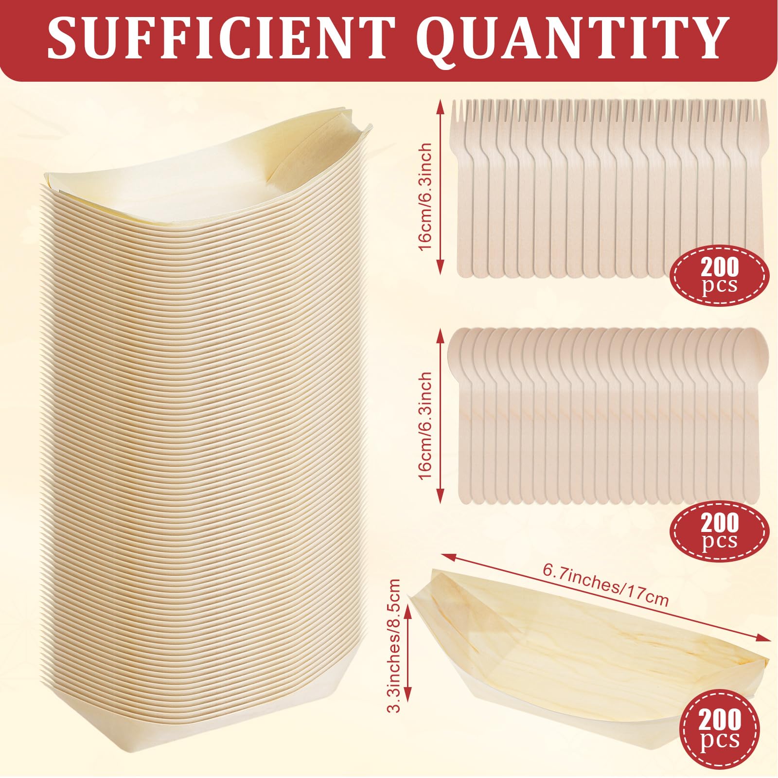 Bokon Set di 600 posate usa e getta in legno, tra cui 200 pezzi, 16,7 x 8,4 cm, in legno, per catering, barche, piatti, vassoi, 200 forchette e 200 cucchiai, per casa, feste, campeggio, catering