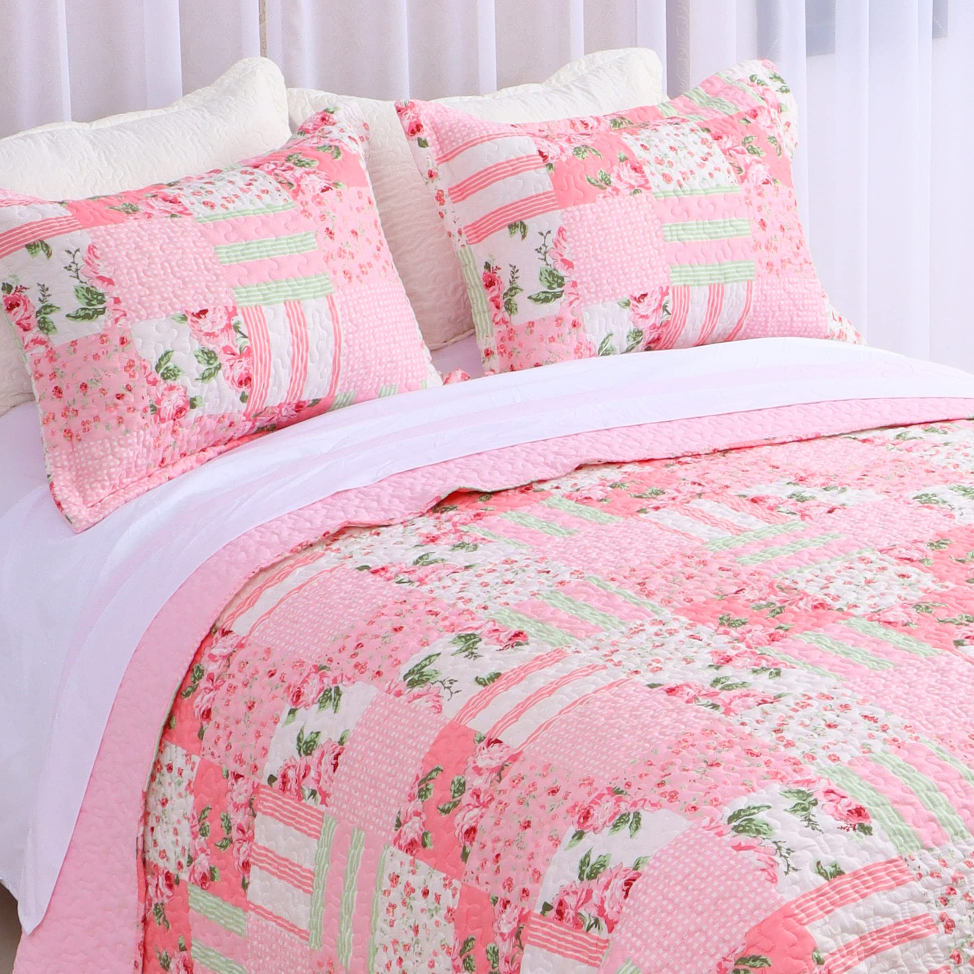 Cmfshape Floral Bedspread with 1 Pillow sham-Twin Size,Patchwork Pink Quilt Set 2 Piece,Summer Quilt for Girls Women,Lightweight Reversible Bed Coverlet for All Seasons(Twin68 x86 Pink)