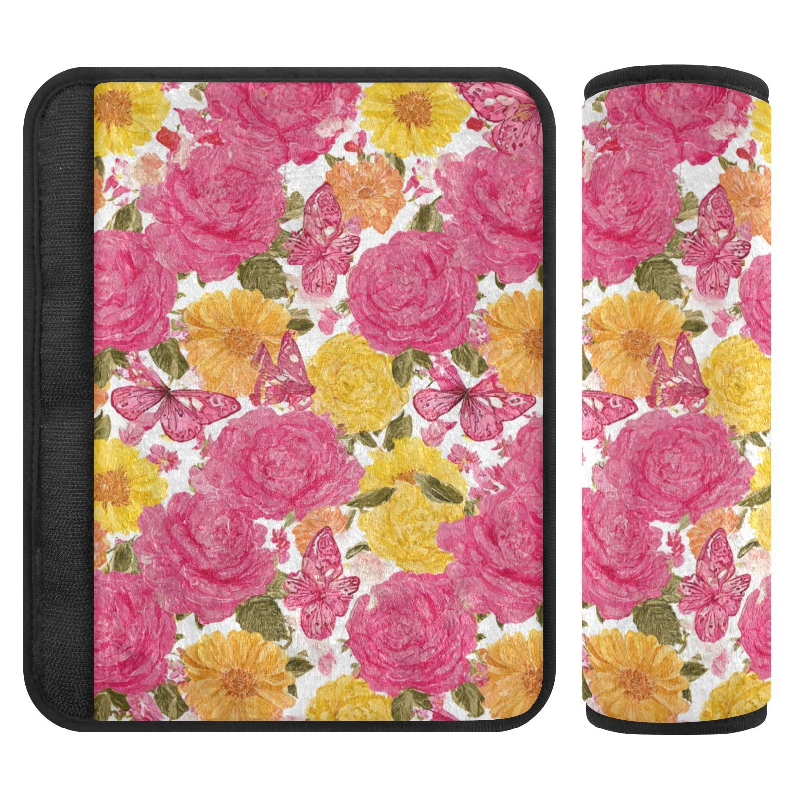 2 Pack Seatbelt Covers Seat Belt Cover Pad for Adults Boys Girls Car Seat Strap Covers Pads Cushion Universal Shoulder Strap Pad Protector for Backpack Camera Bag 6.5 Inch Roses Bloom and Butterflies