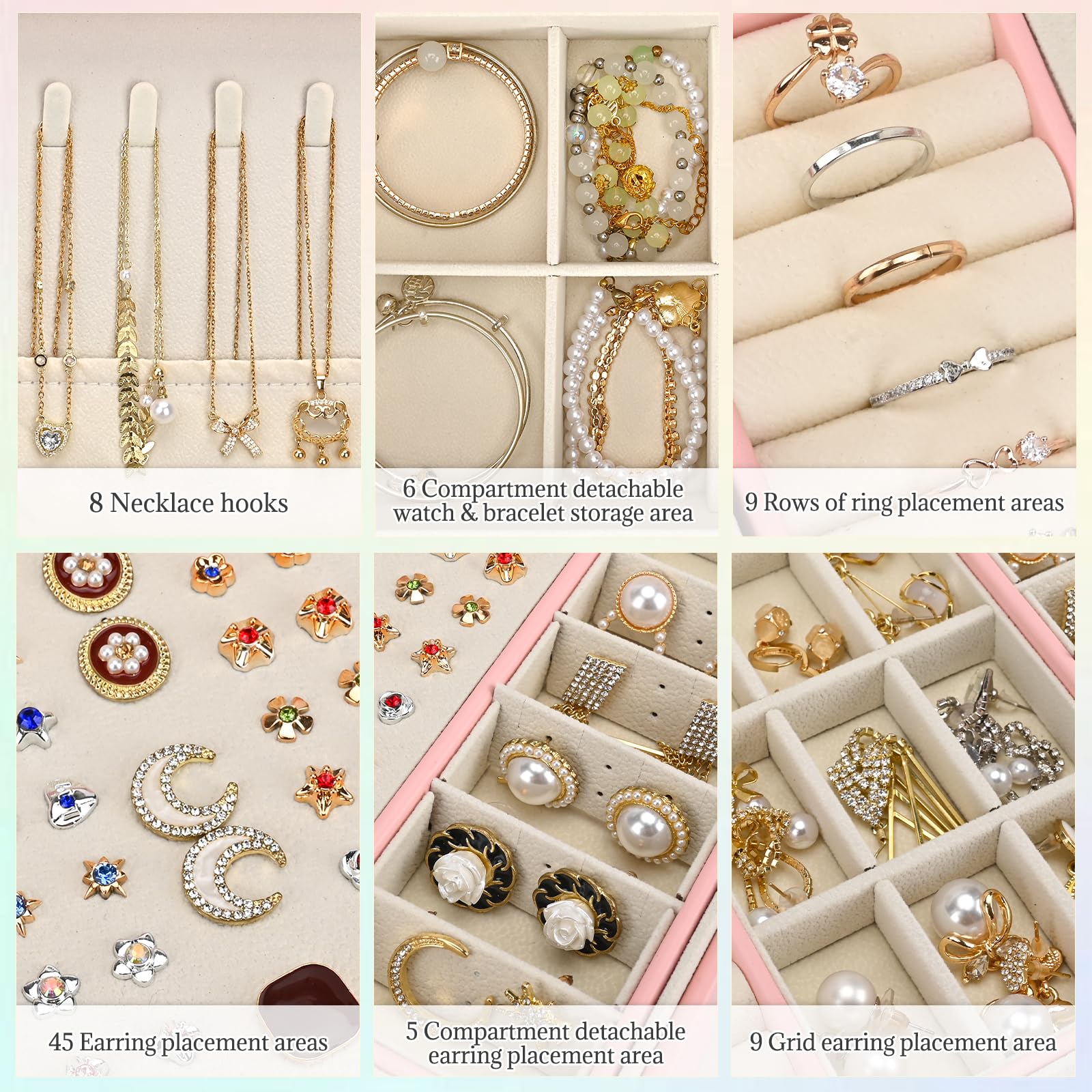 Eucomir Porta Gioielli Donna, Porta Gioielli da Viaggio Grande Gioielli Scatola Organizer 2 Strati Porta Gioielli Bambina in Pelle PU per Anelli Bracciali Orecchini Collane,Rosa Chiaro