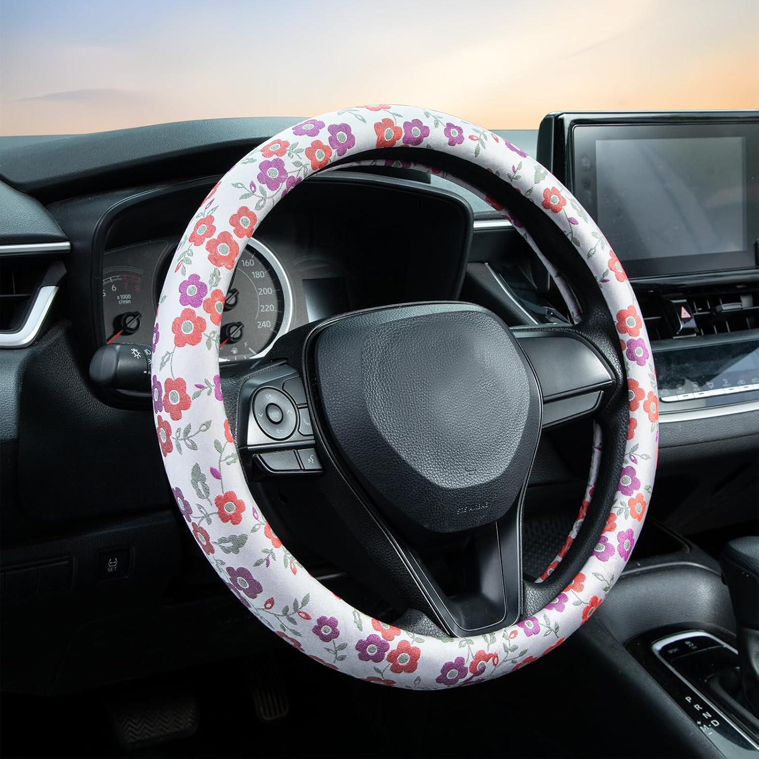 Colorful Flowers Steering Wheel Cover Auto Jacquard Steering Wheel Protector, Anti-Slip, Breathable, Absorbing Sweat, Universal Car Accessories 14.5–15 inch,Fit for Most Car, Trucks, SUV