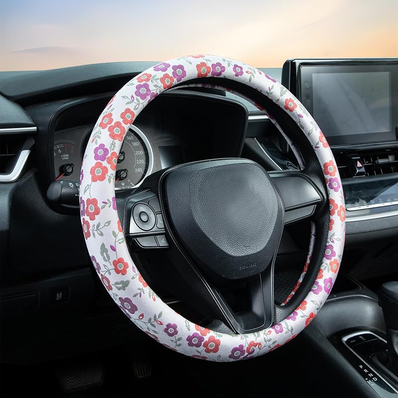 Capa para Volante com Flores Rosa-Claro em Jacquard, Antiderrapante, para Volantes de 37–38 cm LAWHOWJIE
