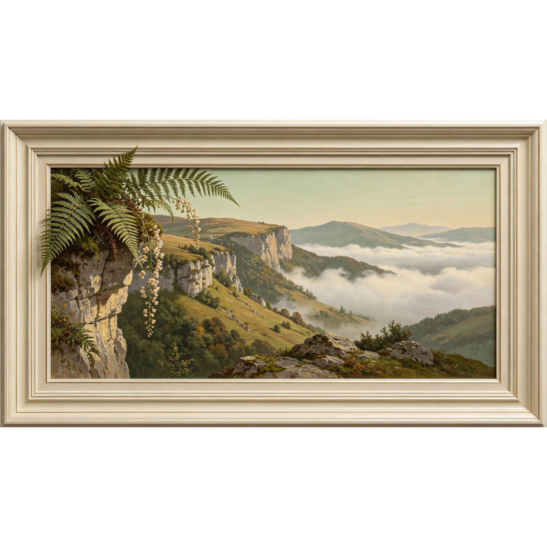 QZLITHOTIC 50×100cm 3D Framed Wall Art， Mountain Valley Landscape Fern Cliff View SelfAdhesive Mural， WaterActivated Peel & Stick Fabric Decor Wall Decal for Bedroom Living Room