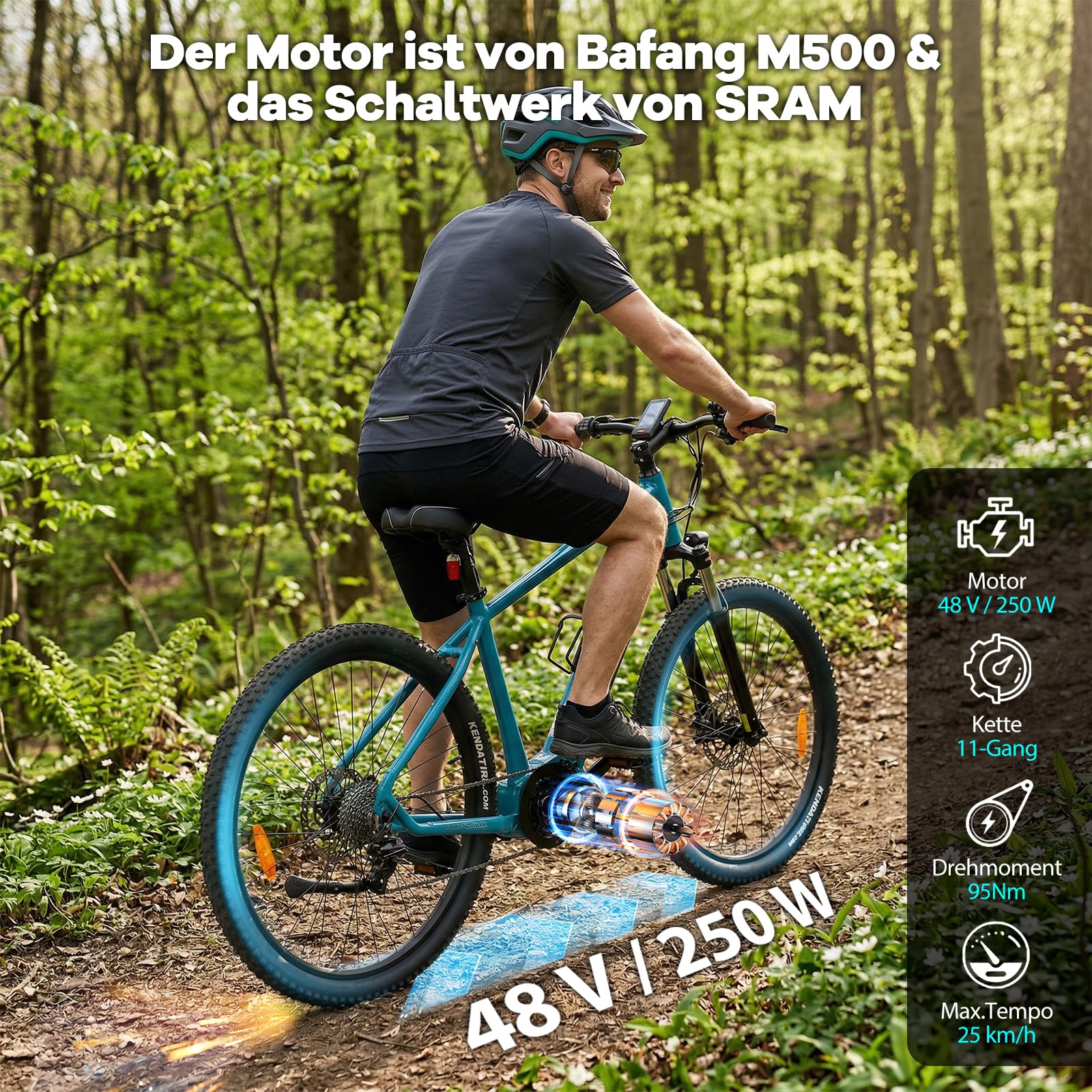 Vélo électrique VTT • Moteur Bafang puissant • Dérailleur • Freins à disque • VTT électrique • Pedelec avec batterie Samsung • Vélo électrique pour homme et femme