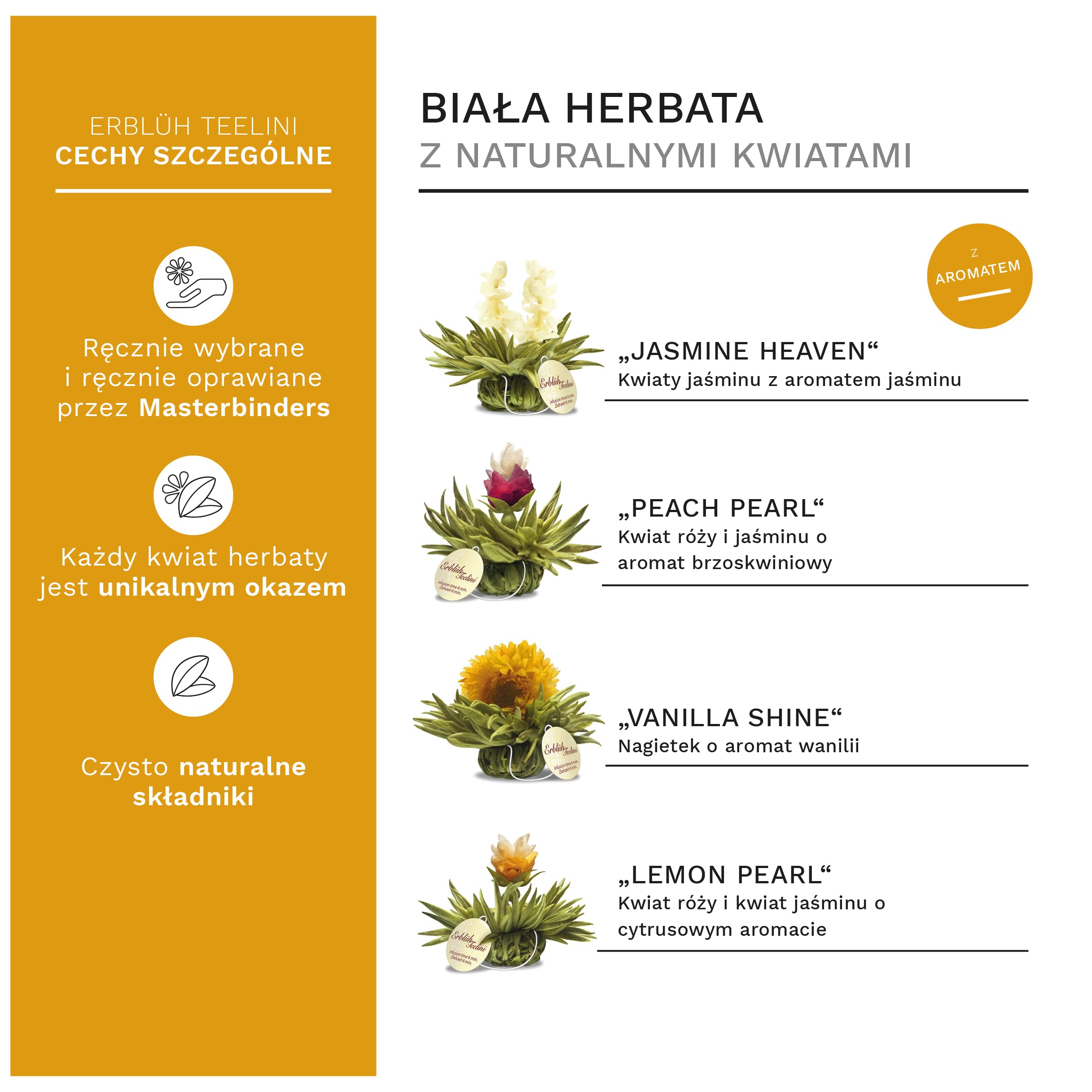 Creano ErblühTeelini mieszanka herbat rozkwitających w ekskluzywnym formacie filiżankowym - 8 herbat rozkwitających w 4 różnych smakach (biała herbata)