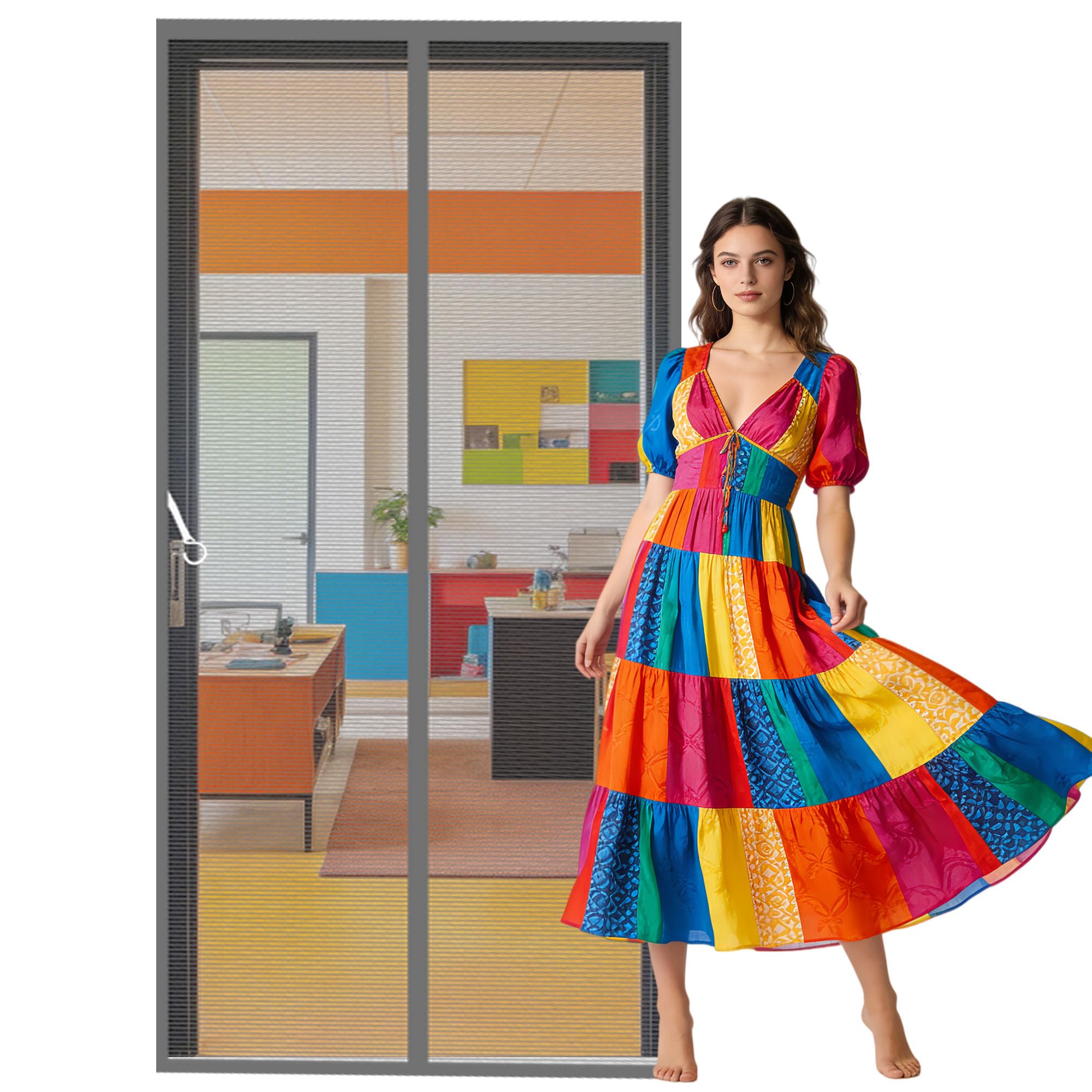 Fly Screen for Doors 124 x 262 cm Hands Free Closing Fly Insect Screen Keeps Bugs Out Suitable for Balcony, Terrace, Cellar, Bedroom and Sliding Room, Grey