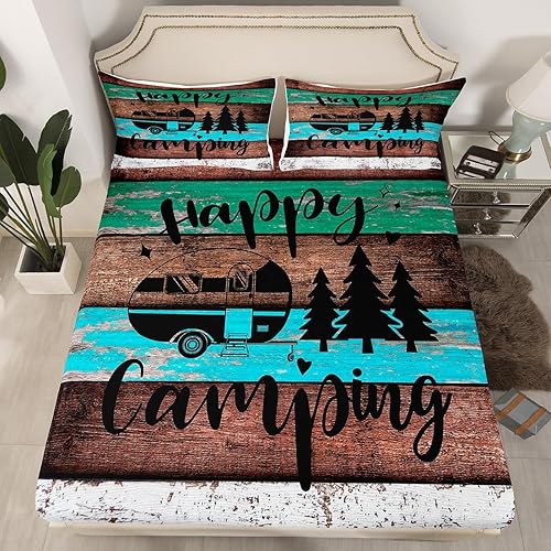 Vista 38 de Juego de sábanas para cámper tamaño matrimonial para niños y niñas, sábanas de madera para adolescentes de Happy Camping Farm, accesorios de Multi 04