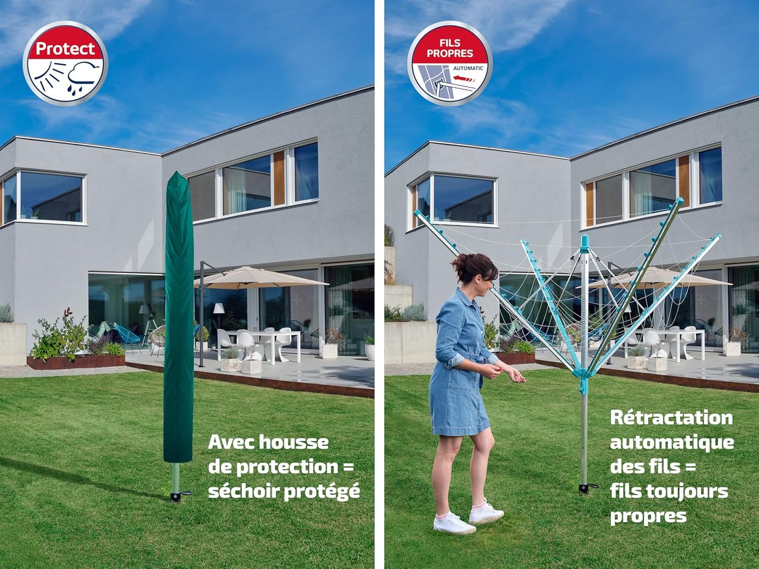 Leifheit Séchoir Parapluie Linomatic 500 Easy avec Housse de Protection, Douille de Sol, Système Easy-Lift, Etendoir à Linge 50m, Séchoir à Linge à Rétractation Automatique des Fils