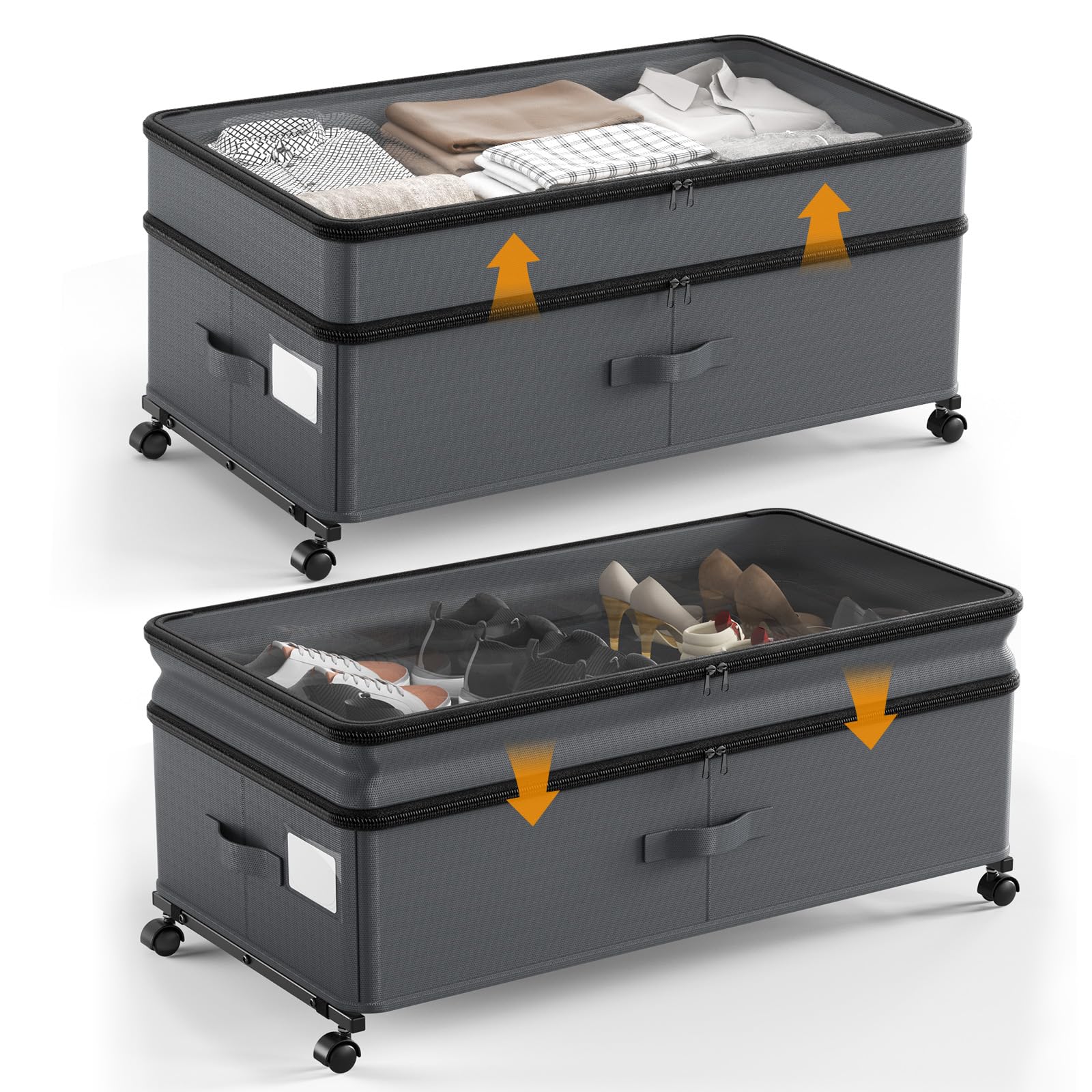 Contenitore sotto il letto con ruote, confezione da 2 contenitori scalabili sotto il letto con coperchi, organizer per scarpe sotto il letto, cassetti per vestiti, scarpe, giocattoli, ecc