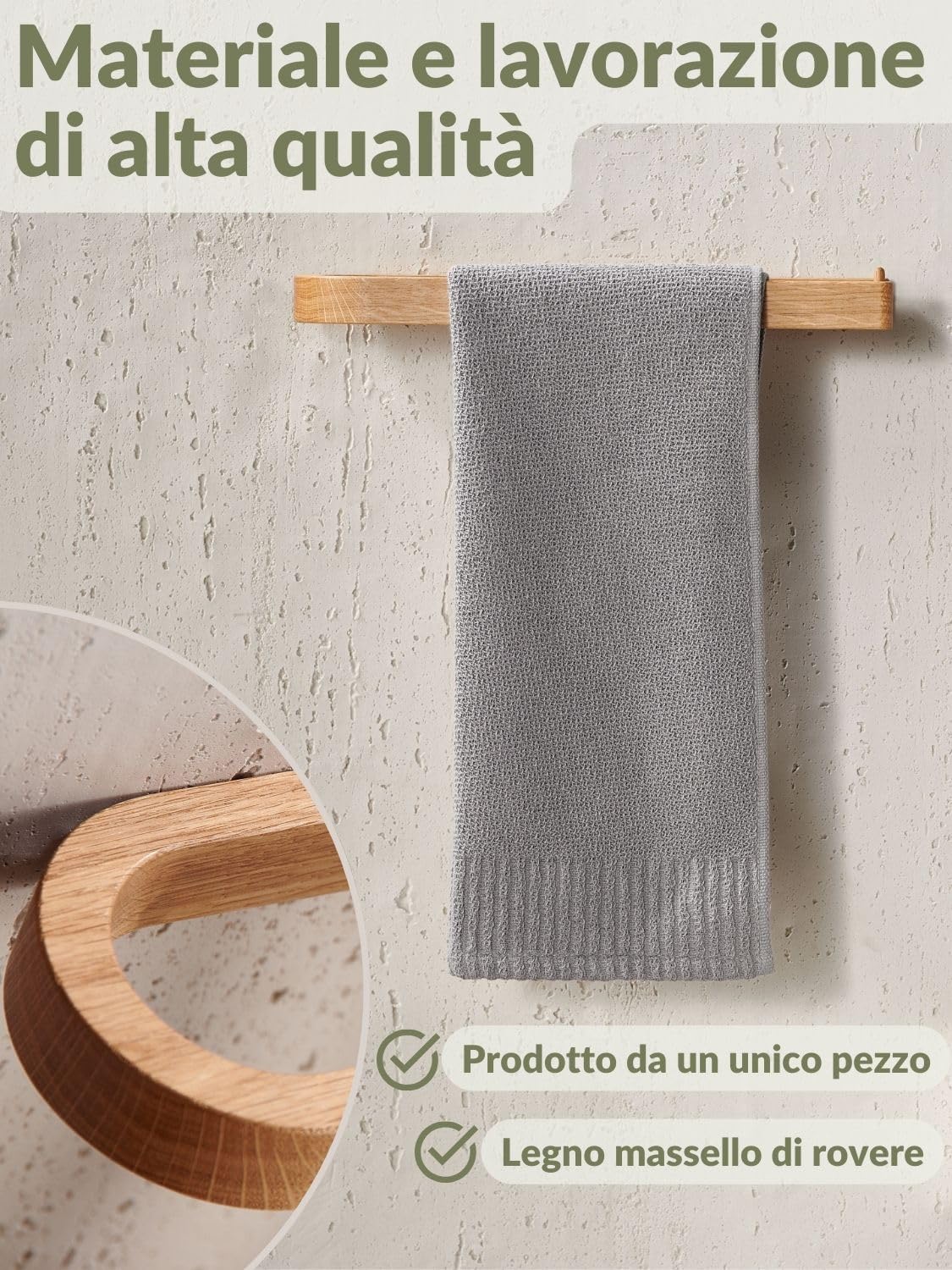 DEKAZIA® Portasciugamani Legno da Parete | Senza Forare | Porta Asciugamani in Quercia Sostenibile | Barra da Forare o Incollare | Portasciugamani Quercia | Portarotolo Cucina