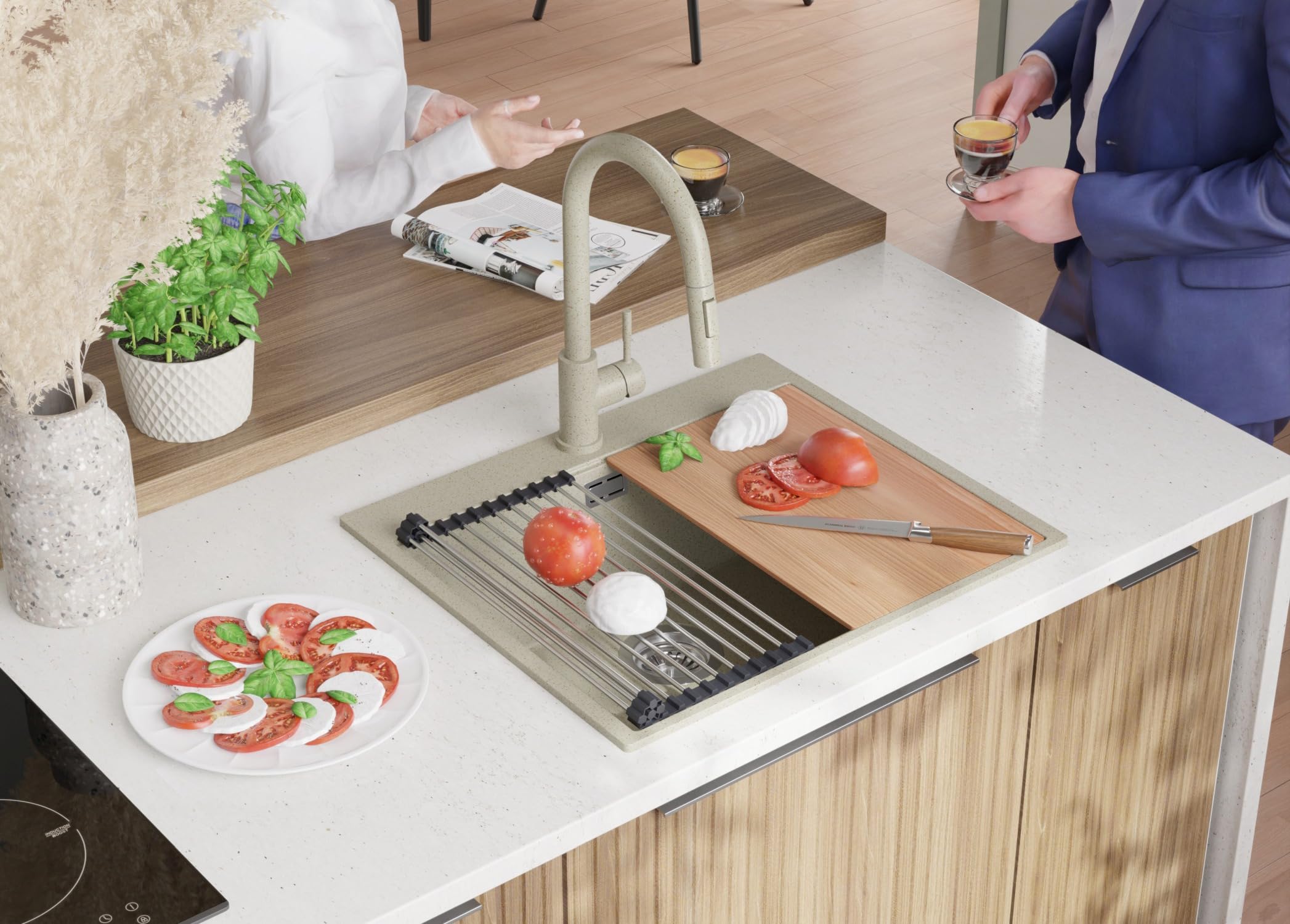 PRIMAGRAN Lavandino da Cucina Beige - Oslo Top, 58x50cm | Lavello in Granito a 1 Vasca + Rubinetto 40x20cm + Zuberhor-Set, Lavabo da Cucina Incasso al Mobile 60cm (S378)