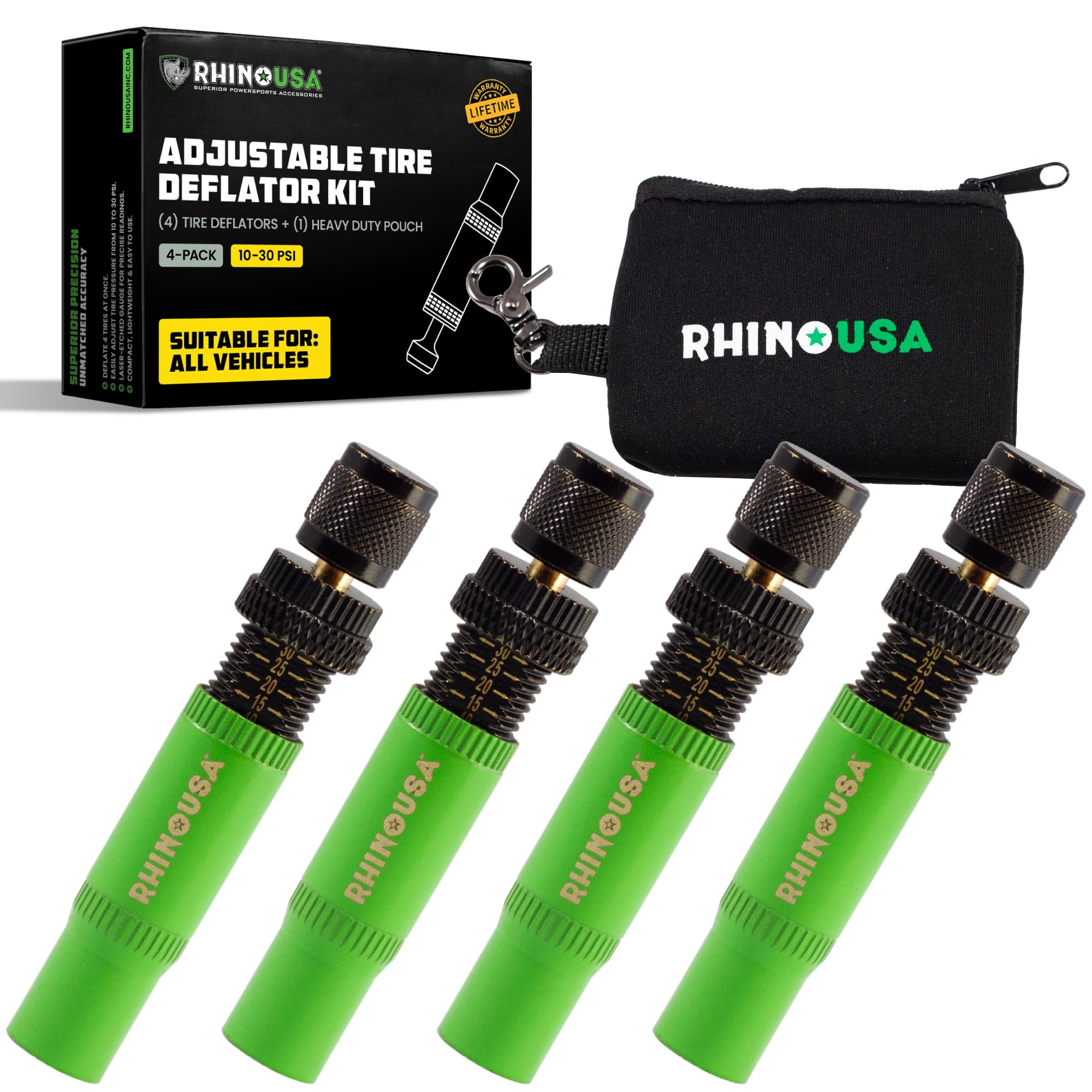 Rhino USA Adjustable Tire Deflator Kit (10-30 PSI), Automatic Screw-on Air Down Tool with Auto Stop, Tire Deflators Offroad and Over Sand Accessories for Jeep, Truck, SUV and 4x4, 4-Pack Green
