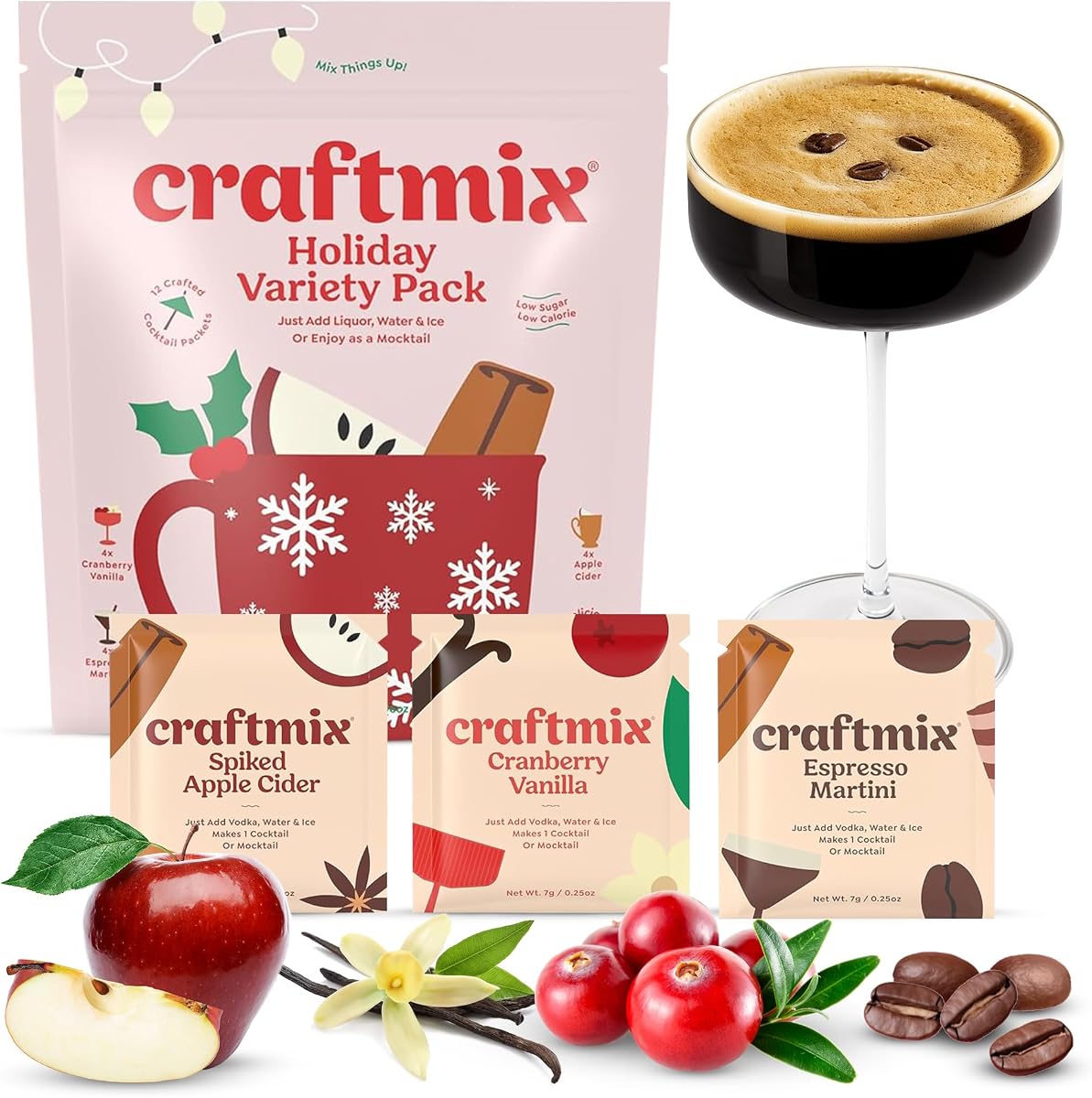 Mezclador de cócteles y bebidas Craftmix Holiday Variety, paquete de 12 | Mezclas delgadas, paquetes de saborizantes de agua, hecho con ingredientes reales, vegano bajo en carbohidratos, bajo en azúcar, sin transgénicos, sin lácteos y sin gluten