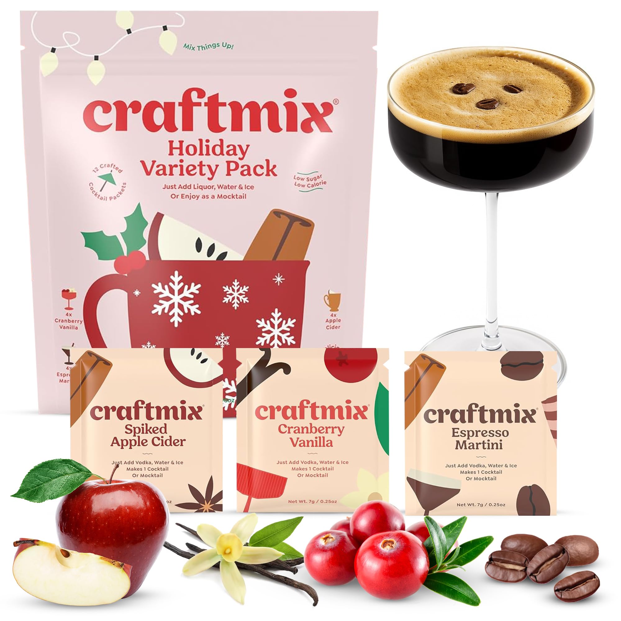 Craftmix Holiday Variety Pack, Makes 12 Drinks, Skinny Cocktail Mixers, Mocktails Non-Alcoholic Drinks - Made With Real Fruit - Vegan Low-Carb, Low-Sugar, Non-GMO, Dairy Free, Gluten Free, Easy to Mix