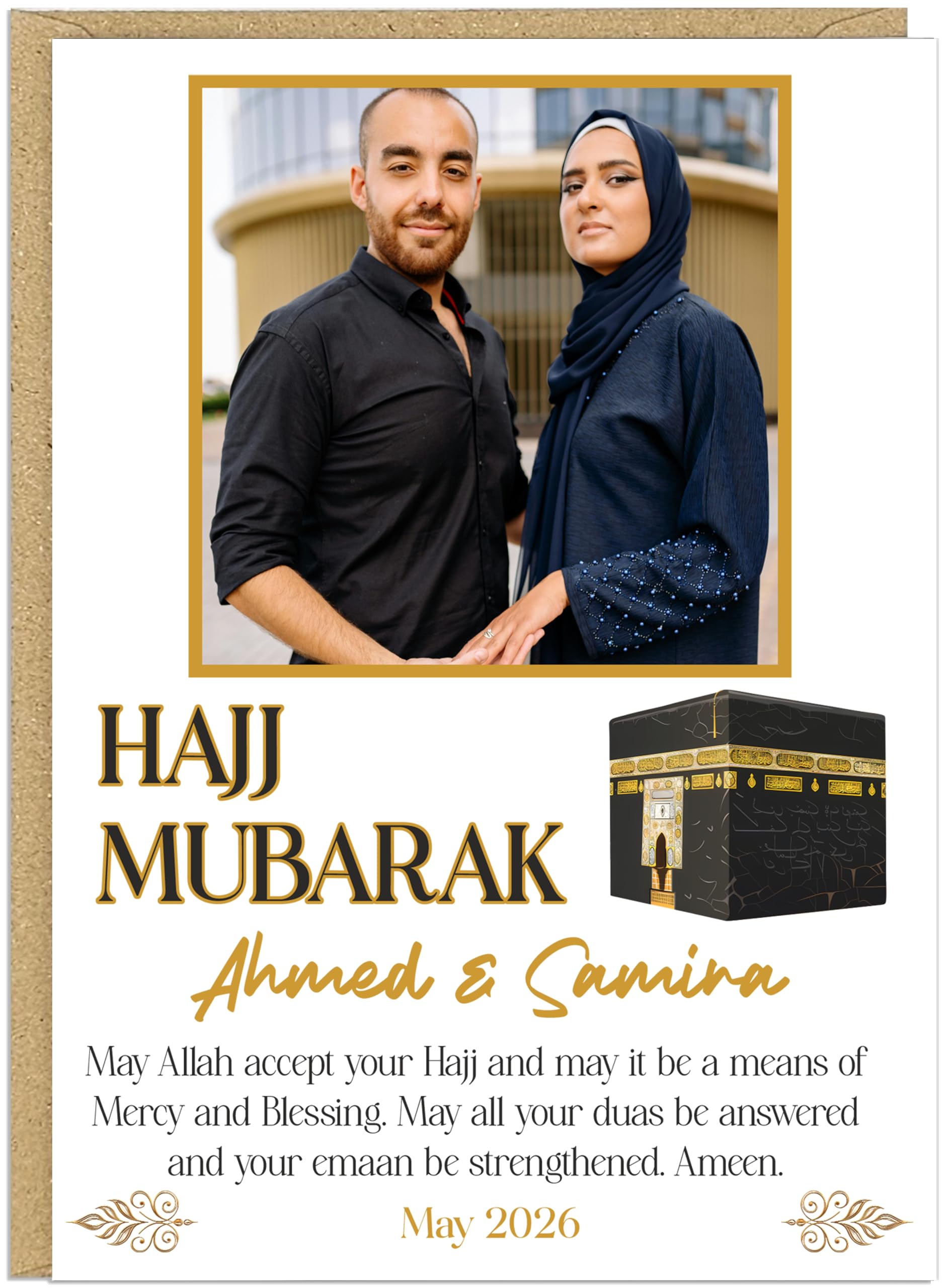 Hajj Mubarak Muslim Photo Card - Personalised Couple or Family Photo, Names & Date - Islamic Kaaba Mosque Designs - May Allah Accept Your Hajj Mercy Blessing Dua Emaan Greetings Cards (Design 1)
