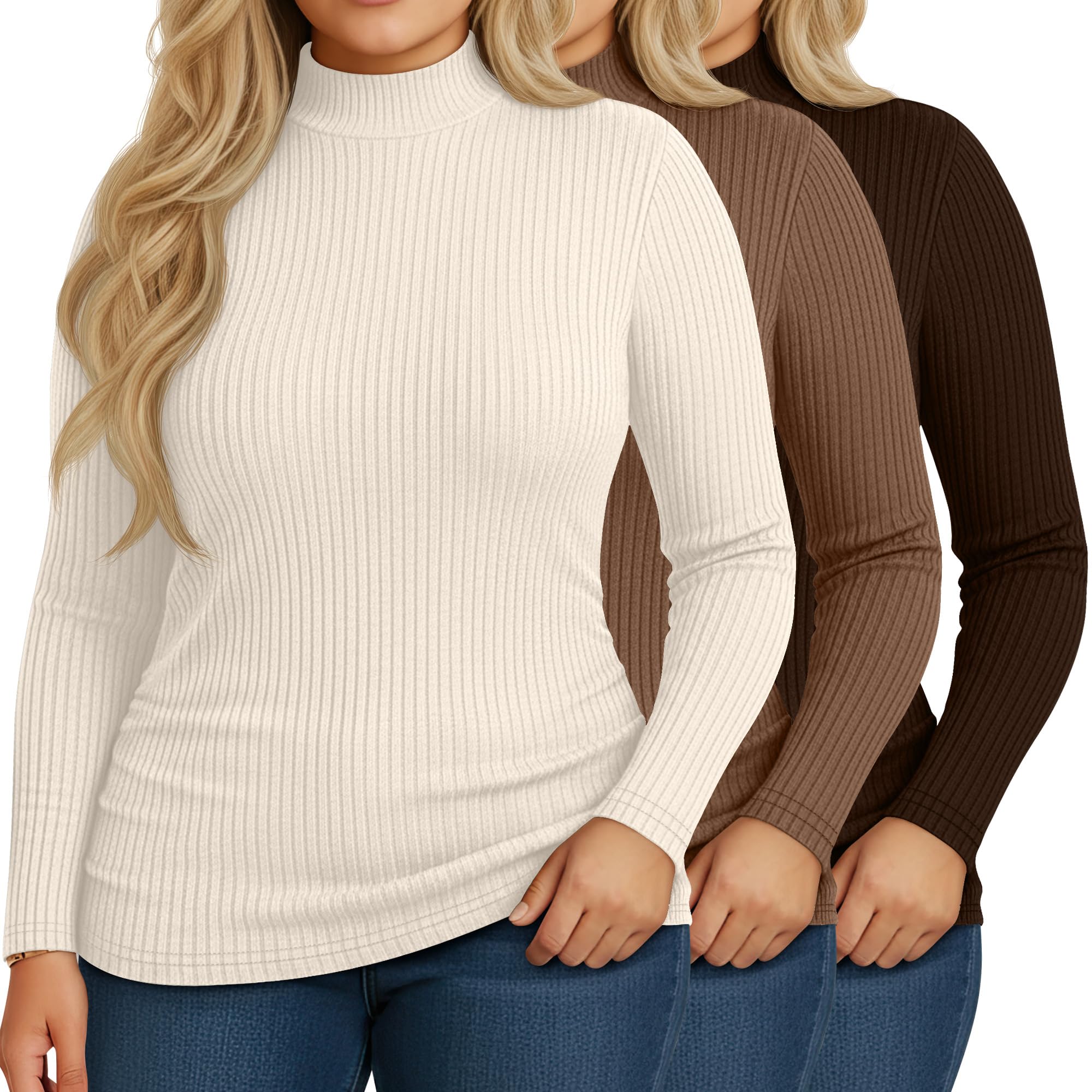 Riyiper 3 Pack Womens Plus Size Turtleneck Top Ribbed Base Layer
