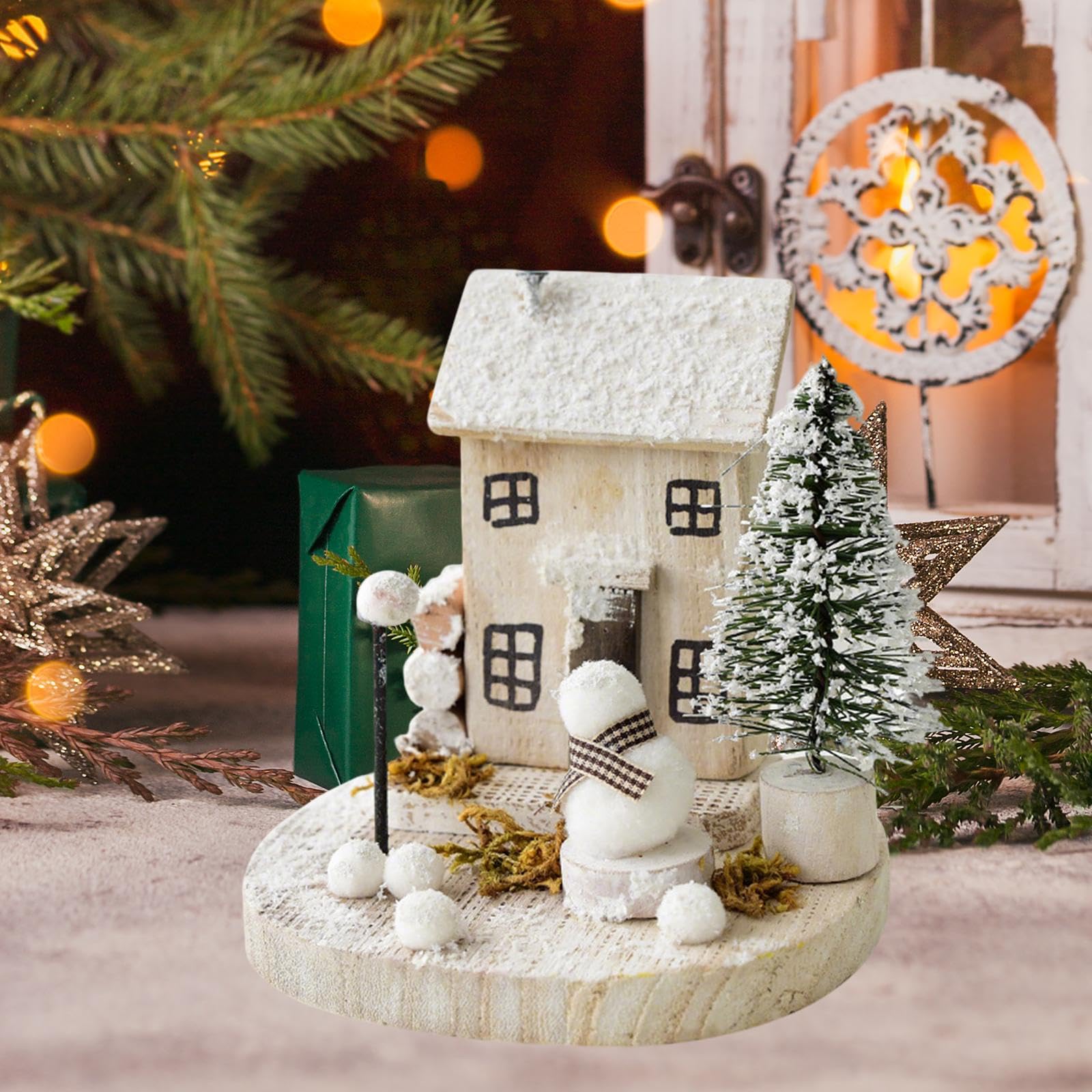 Casa Navidad Adorno Navideña Madera Miniatura Escenografía con Nieve Decoración de Mesa Adecuada para Hogares Fiestas, Style F