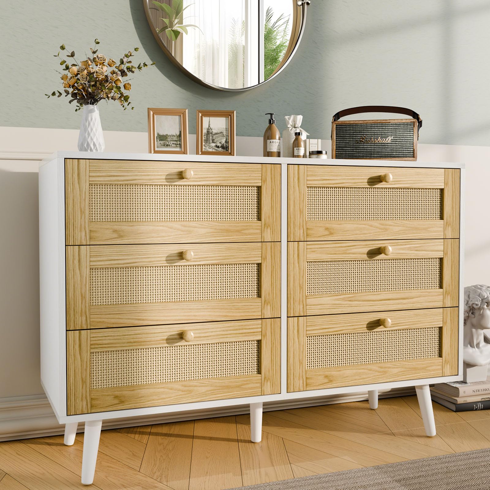 FURNIinspire Elegant 6 Drawer Rattan Dresser, Boho Dresser Chest for Bedroom Hallway Living Room, White