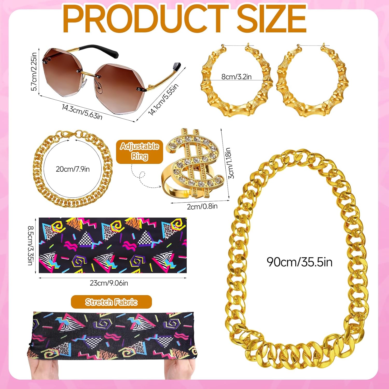 JATEBI 90s Outfits Accessories for Women Men, 80s Hip Hop Costume Kit Old School Rapper Outfits Headband Sunglasses Ring Gold Chain Bracelet Bamboo Hoop Earring - Image 3
