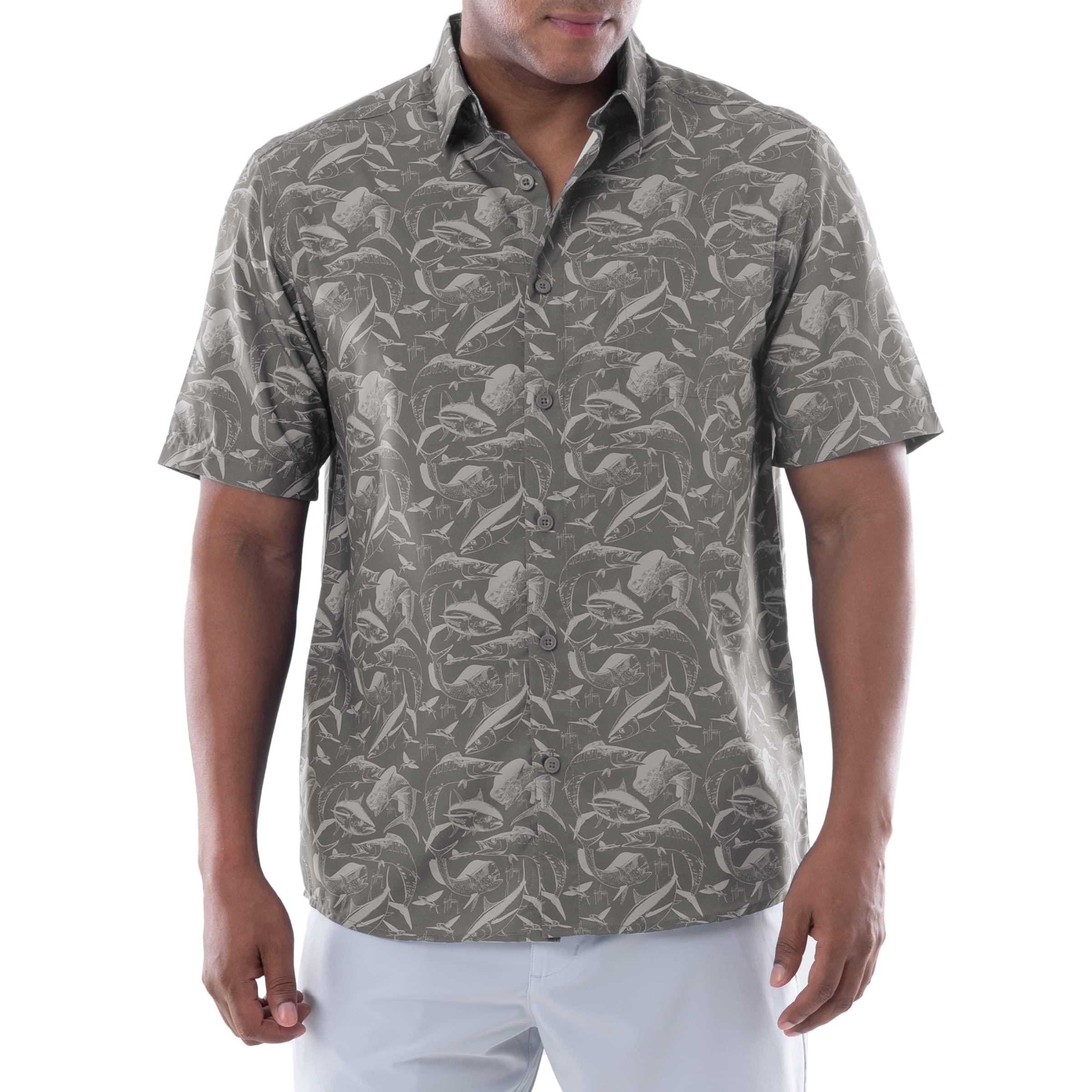 Guy Harvey Men's Short Sleeve Performance Fishing Shirt, Charcoal/Dive Harvey, Large