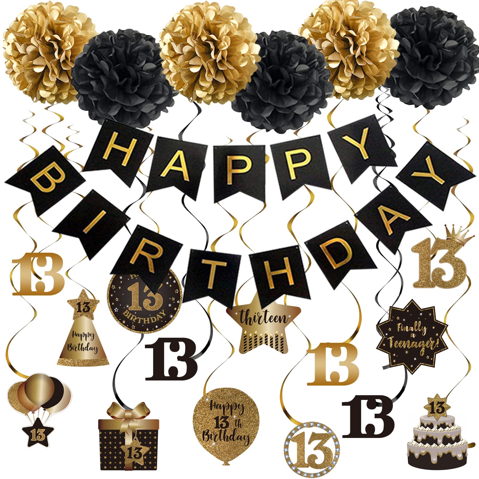 Szhuiher Happy 13th Birthday Hanging Swirls Streamers Decoration, Happy Birthday Banner with Tissue Pompoms, Black and Gold 13 Years Old Birthday Party Hanging Backdrop Decorations