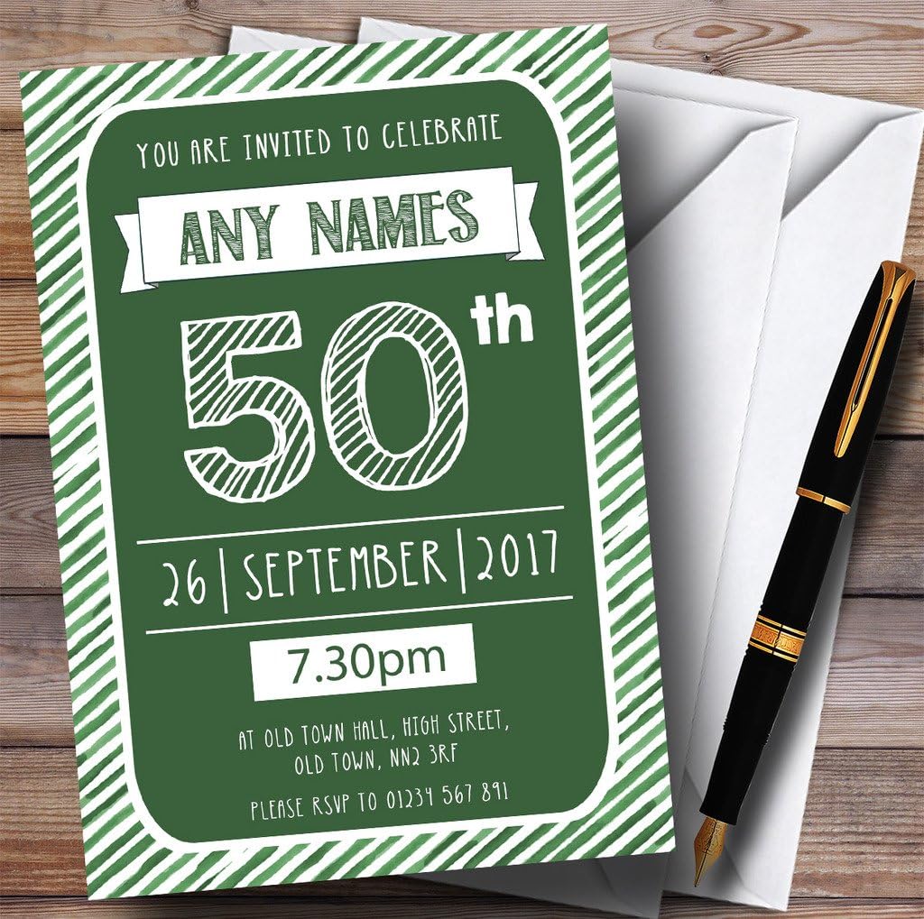 Green & White Stripy Deco 50th Personalized Birthday Party Invitations