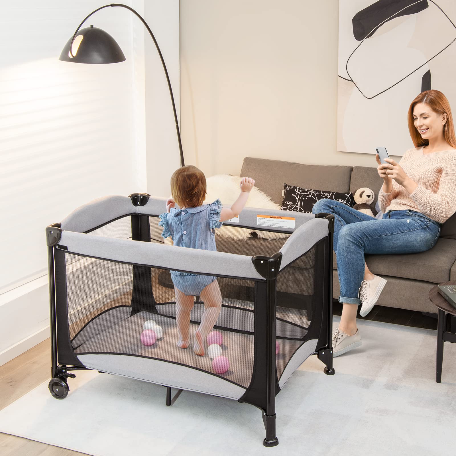 DREAMADE 5 en 1 Lit Parapluie Bébé 110x78x78CM avec Matelas&Berceau Amovible Lit de Voyage Bébé 0-3 Ans avec Porte-Couche,Table à Langer,roulettes avec Freins (Nior1)
