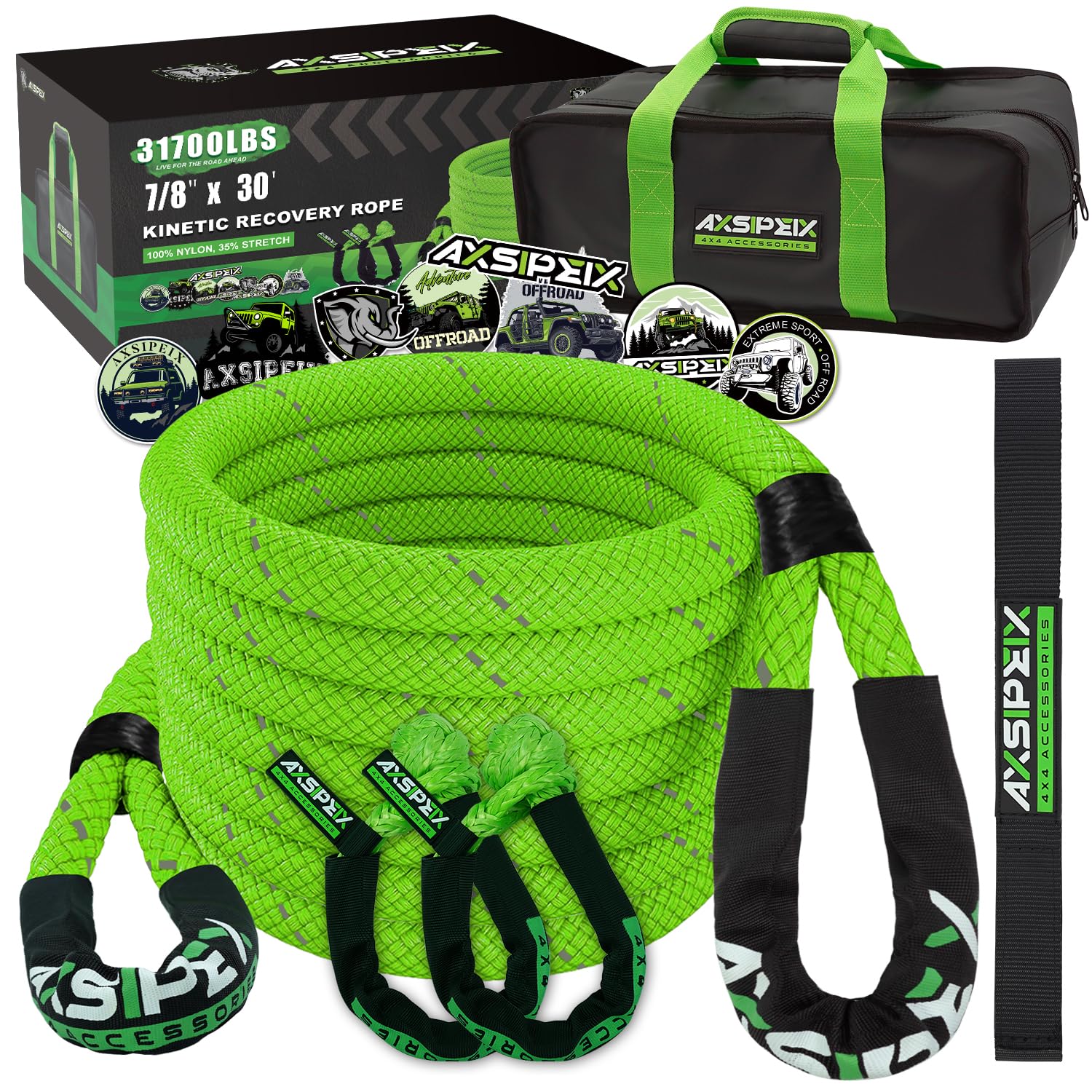AXSIPEIX7/8"×30ft Kinetic Recovery Rope (31,700lbs) Heavy Duty Offroad Recovery Rope with 2 Soft Shackles 3/8" x 20" Offroad Recovery Kit for UTV, ATV, Truck, Car (Blue)