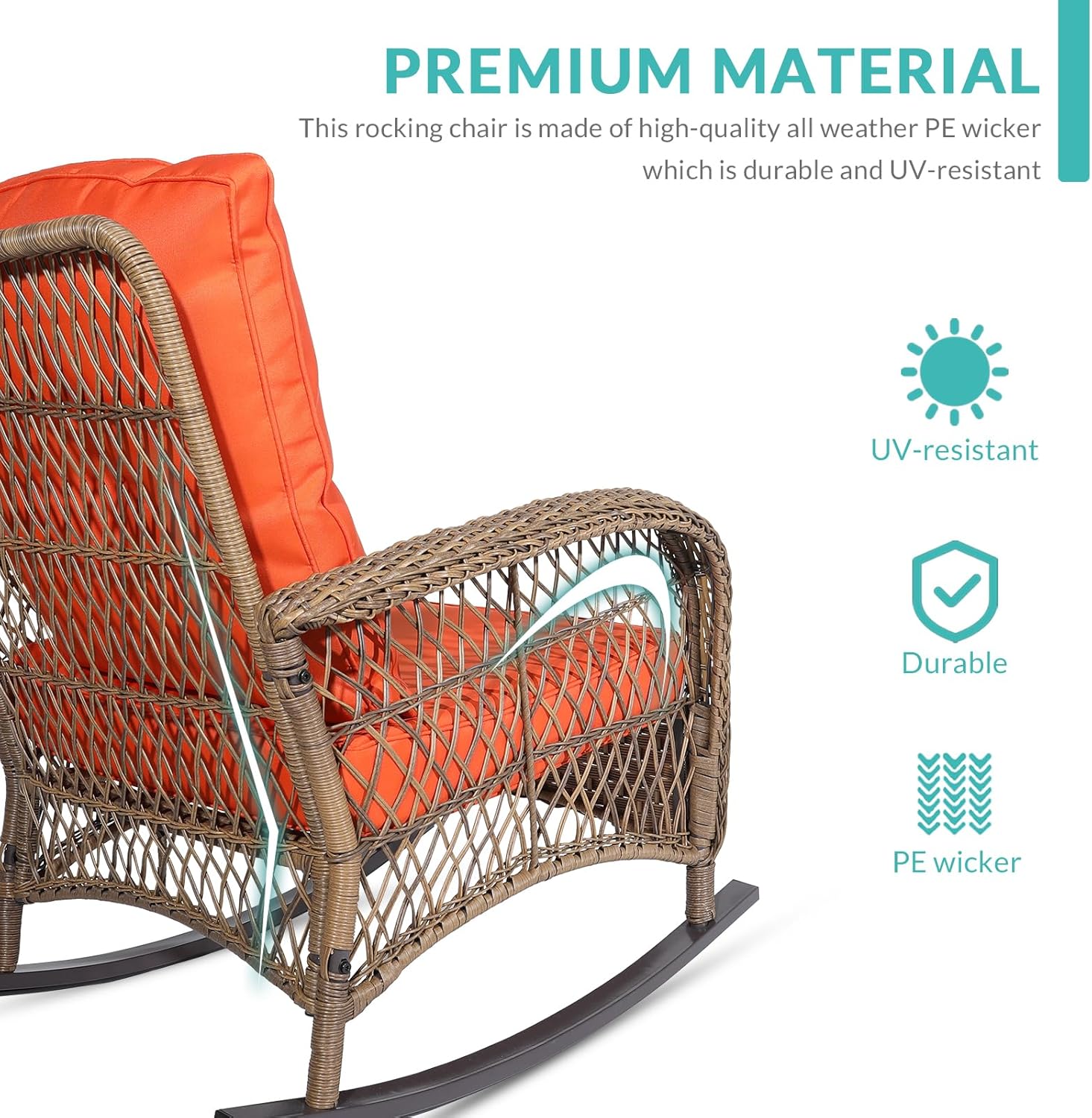 MEETWARM 3 Pieces Outdoor Wicker Rocking Chair Set, Rattan Patio Rocker Chairs Set with Cushions and Glass-Top Coffee Table, Conversation Bistro Set for Porch & Backyard - Orange