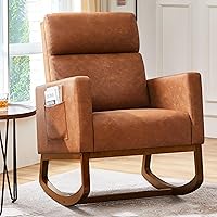 Yaheetech Faux Leather Glider Rocking Chair with Side Pockets, Rubber Wood Legs - Modern Nursery Accent Armchair, Brown