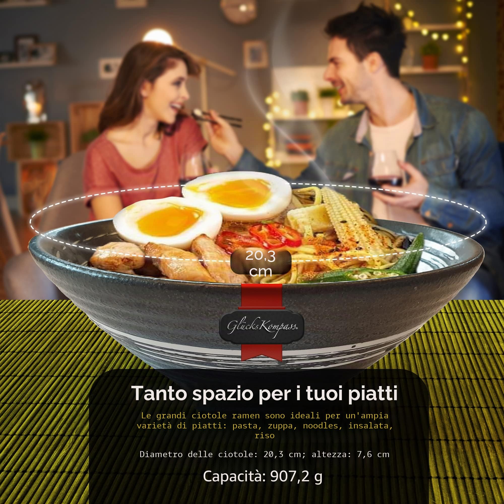 Set di ciotole per ramen giapponese in ceramica, grande: diametro 20 cm | Ciotola per zuppa, ciotola per riso asiatica, ciotola cinese, stoviglie tailandesi, cucchiaio