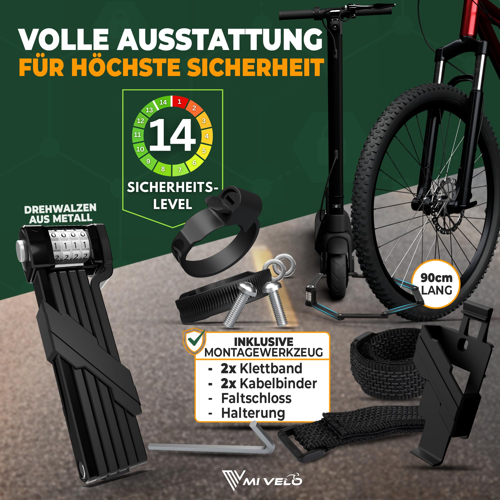 Fietsslot, vouwslot, 130 cm, vouwslot voor fiets met houder, hoge veiligheid van gehard staal, 3-sleutelslot voor e-scooter en fiets