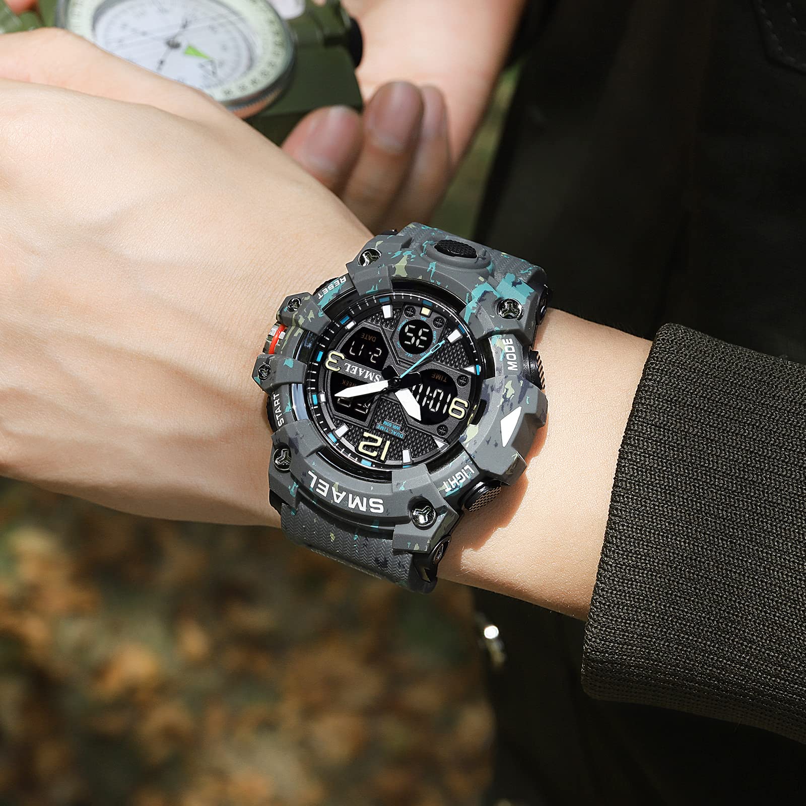 SMAEL 8008 Reloj de cuarzo deportivo resistente al agua reloj de camuflaje de color dual digital (camuflaje gris), Camuflaje Gris