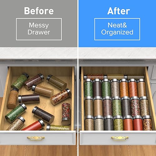 Miniatura 2 de Organizador de especias para gabinete de cocina, 4 niveles de acero de calibre pesado, bandeja de almacenamiento con deflector para cajón y estante