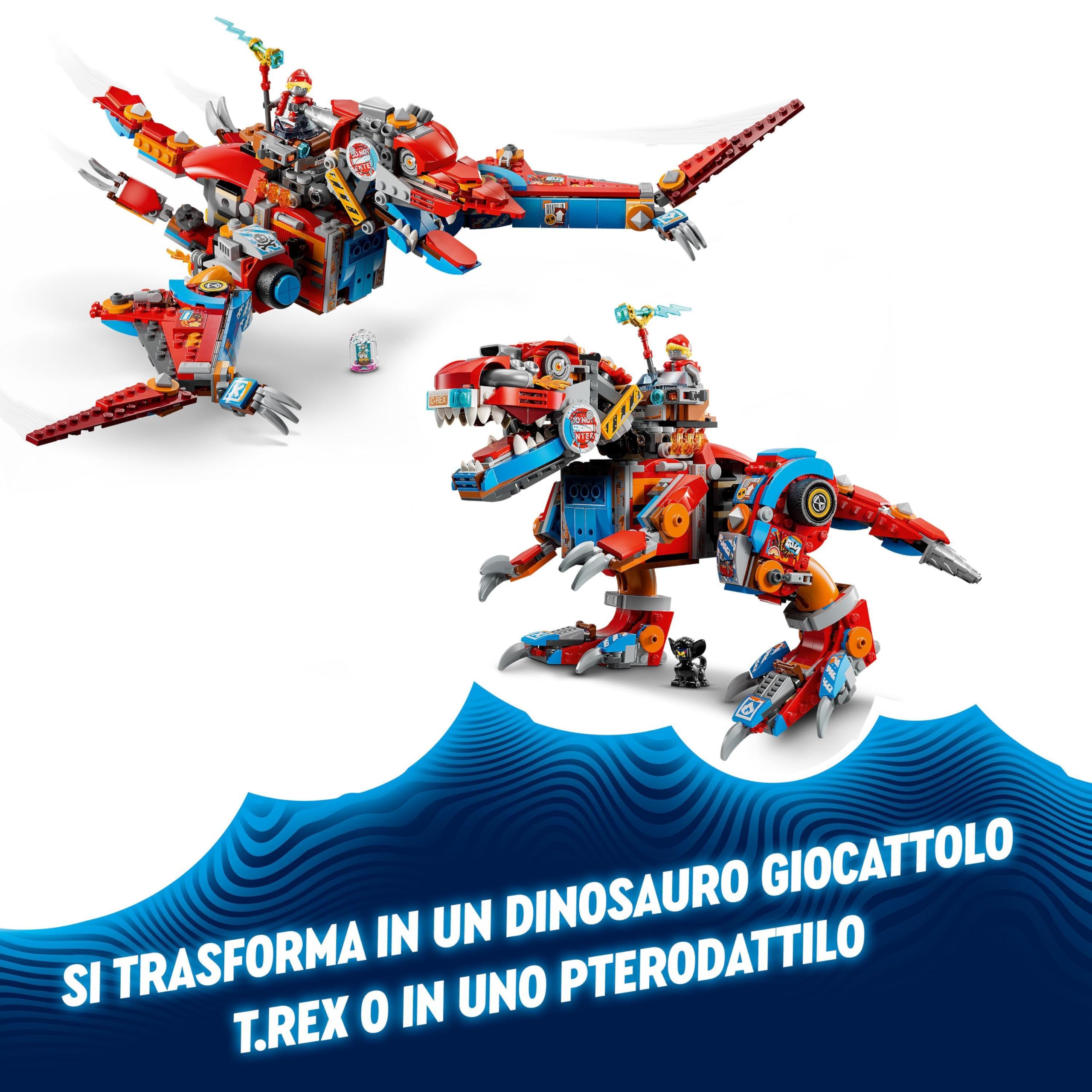 LEGO DREAMZzz 2 in 1 Dinosauro Robot C-Rex di Cooper, Action Figure di T.Rex Giocattolo Trasformabile in Pterodattilo con Parti Snodabili e 4 Minifigure, Giochi Creativi per Bambini e Bambine 71484