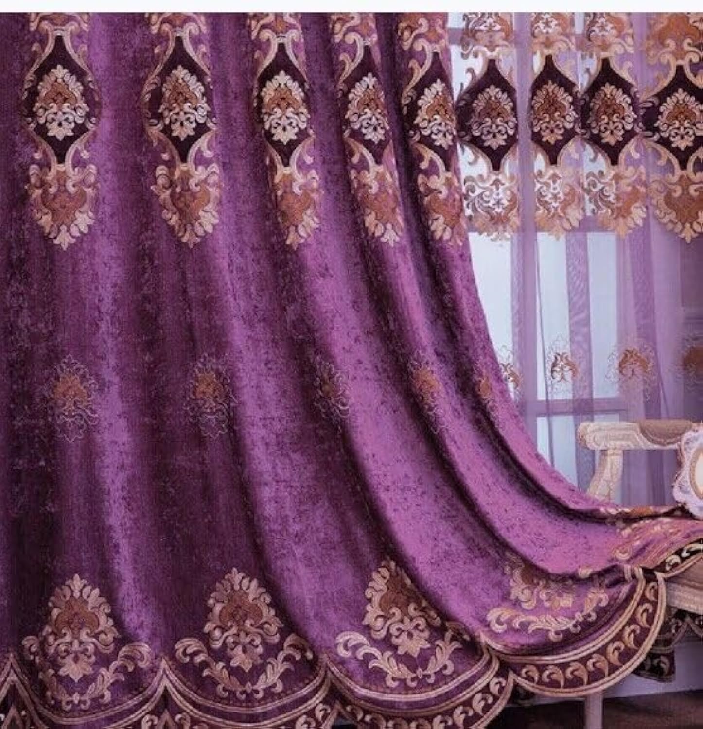 Amidoudou 1 Pair European Luxury Embroidered Curtains for Living Room Bedroom Chenille Curtains (Purple,51x84 Inch)