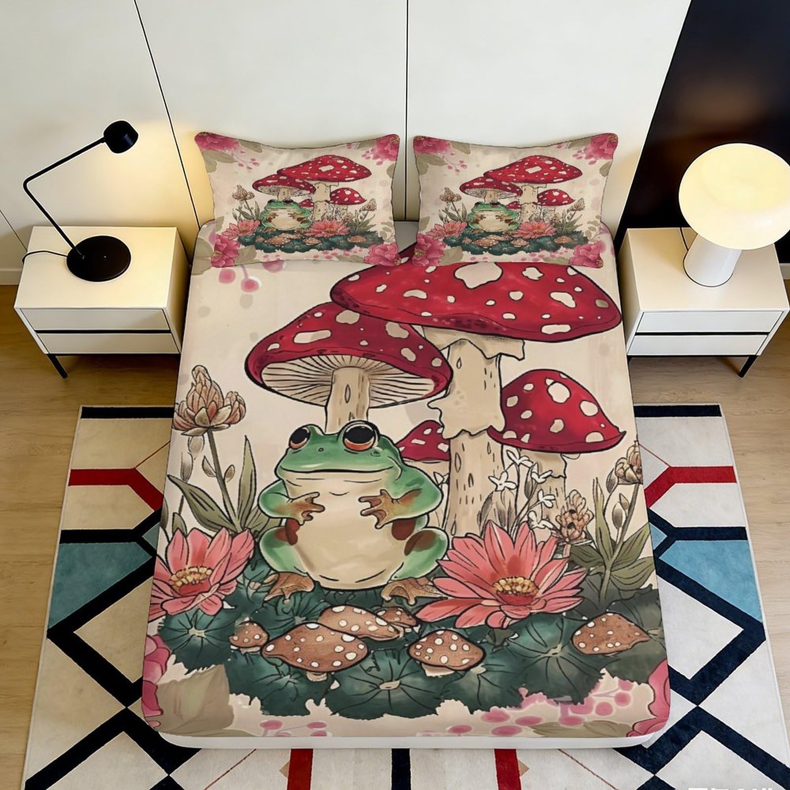 3D Printed Frog Mushroom Fitted Sheet Microfiber Soft Floral Bed Cover for Bedroom Dorm Easy Care Decor 90x200x25cm