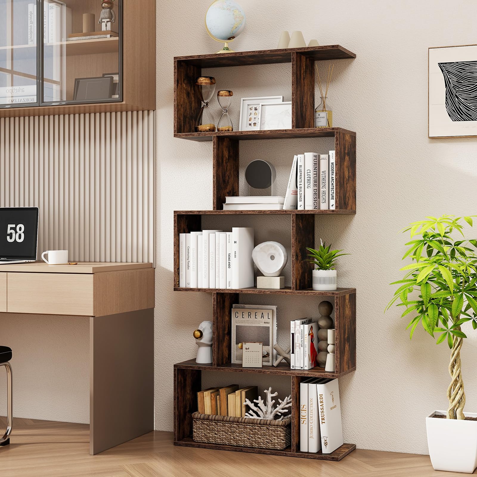 SILKYDRY 5 Tier Geometric Bookcase, S Shaped Bookshelf, Modern Decorative Storage Shelving, Wooden Room Divider Bookcase, 62.5" Tall Staggered Display