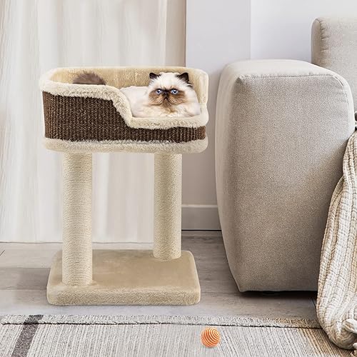 Miniatura 7 de PETSITE Árbol pequeño para gatos de 19 pulgadas, torre para gatos alfombrada con percha grande de felpa y postes rascadores, moderno centro de