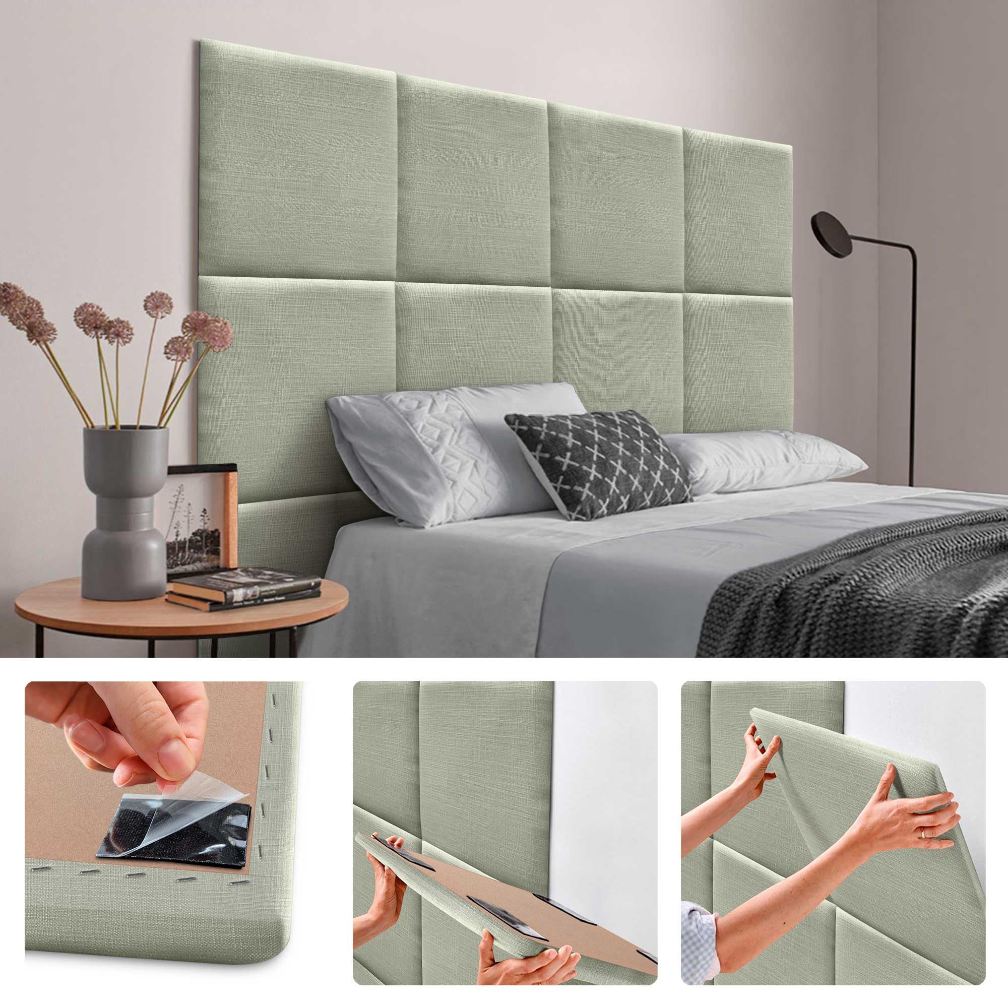 DHOME Pannelli Imbottiti in Lino Naturale Autoadesivi per Parete Acustici Fonoassorbenti Protezione dagli Impatti Testiere Decorazione Casa Camera da Letto (Verde, 60x60cm)