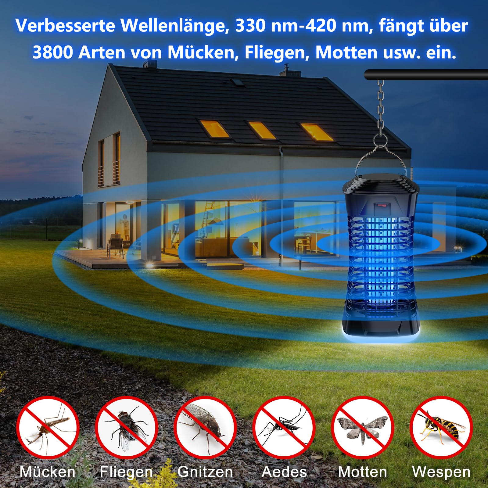 Loowoko Mückenlampe 4200V, Effektiver Mückenschutz, Elektrische Mückenfalle mit Lampe, Chemiefrei, Leise, Sicher für Kinder und Haustiere, Mückenvernichter für Innen & Überdachte Außenbereiche