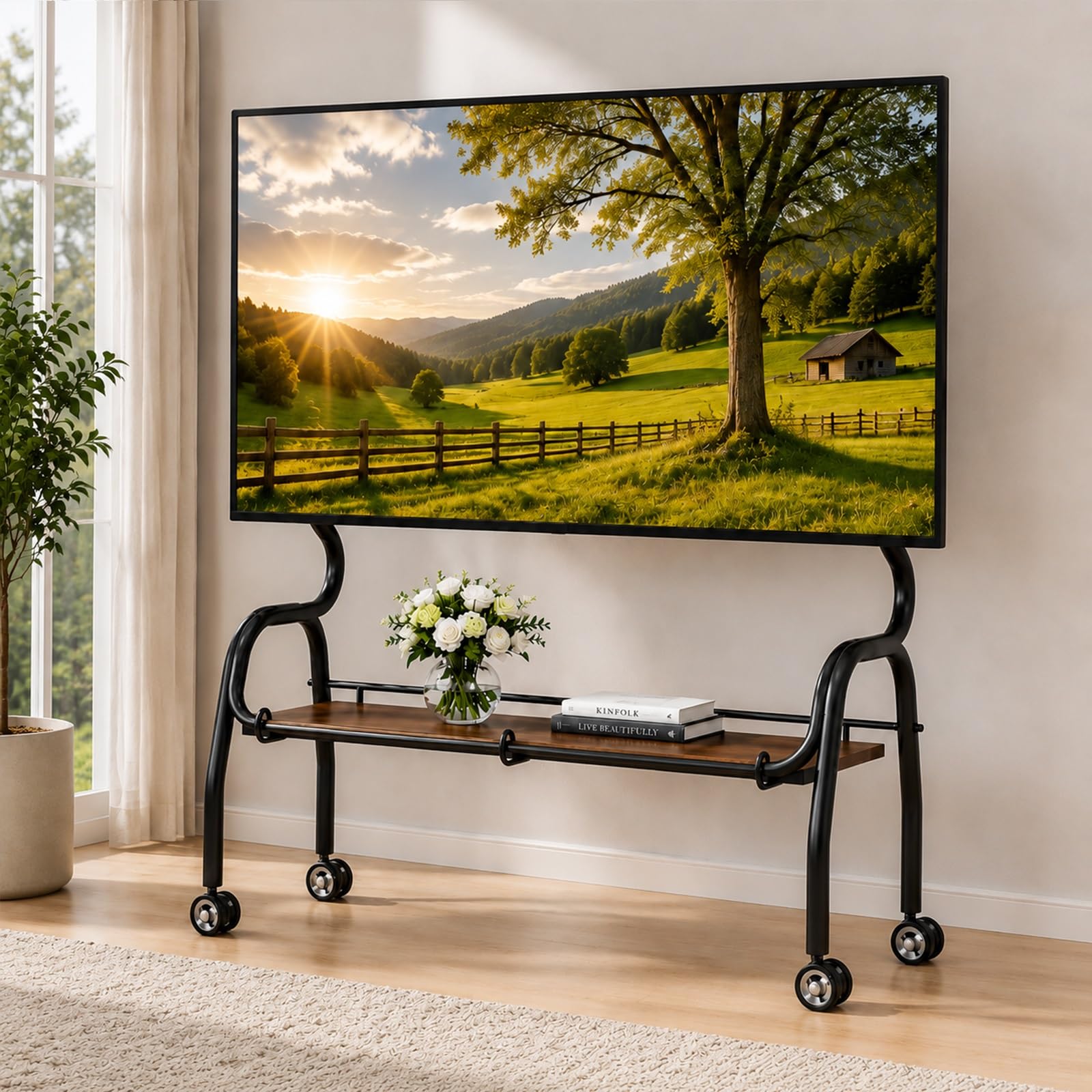 Mobilny Stojak TV na Kółkach, Ruchomy Wózek TV z Drewnianą Półką | Do Telewizorów 32–75 Cali, Podstawa TV na Kółkach do Salonu Sypialni Biura(Brown,90cm/35inch)