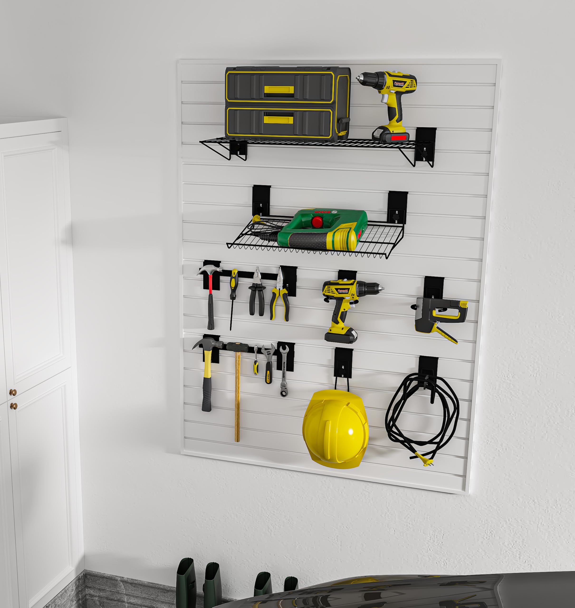 Werkzeugwand,118 x 160 x 1,77 cm, WPC Wandpaneel Werkzeughalter Organizer, Wandhalterung, Ordentlich in Werkstatt, Lager, Keller, Werkbank, Garage, Laden (Weiß, 118x160)